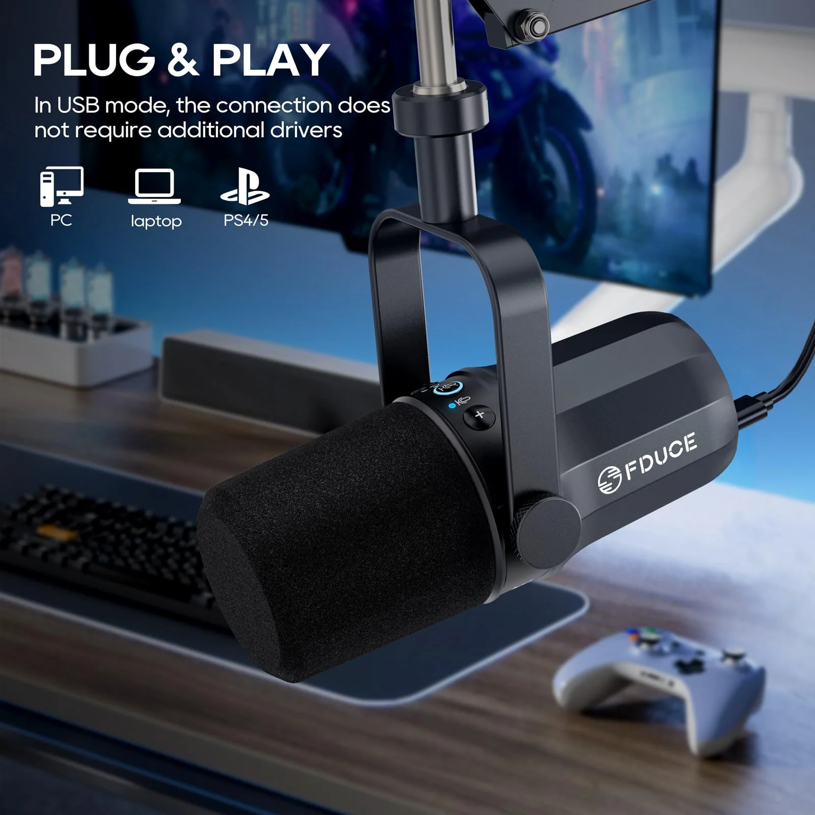 FDUCE SL40 USB/XLR Dynamic Microphone for Podcasting, Gaming, Live Streaming and Recording, Built-in Headphone Output, LED Mute Button, All Metal, Voice Isolation Technology - Image 4