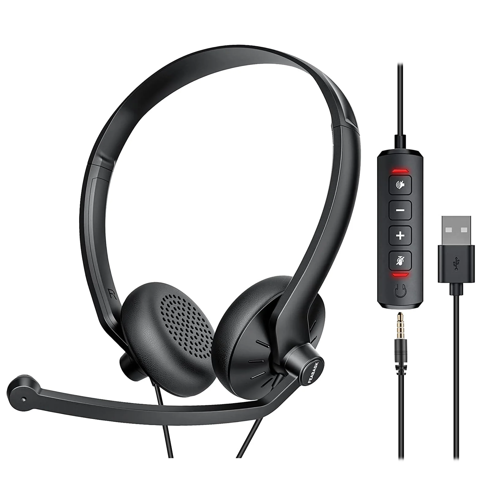 FEABASK USB Headset with Microphone for PC Laptop - Wired Computer Headphones with Noise Cancelling Microphone for Home Office Online Class Skype Zoom Meetings,in Line Mute Controls USB+3.5mm Black