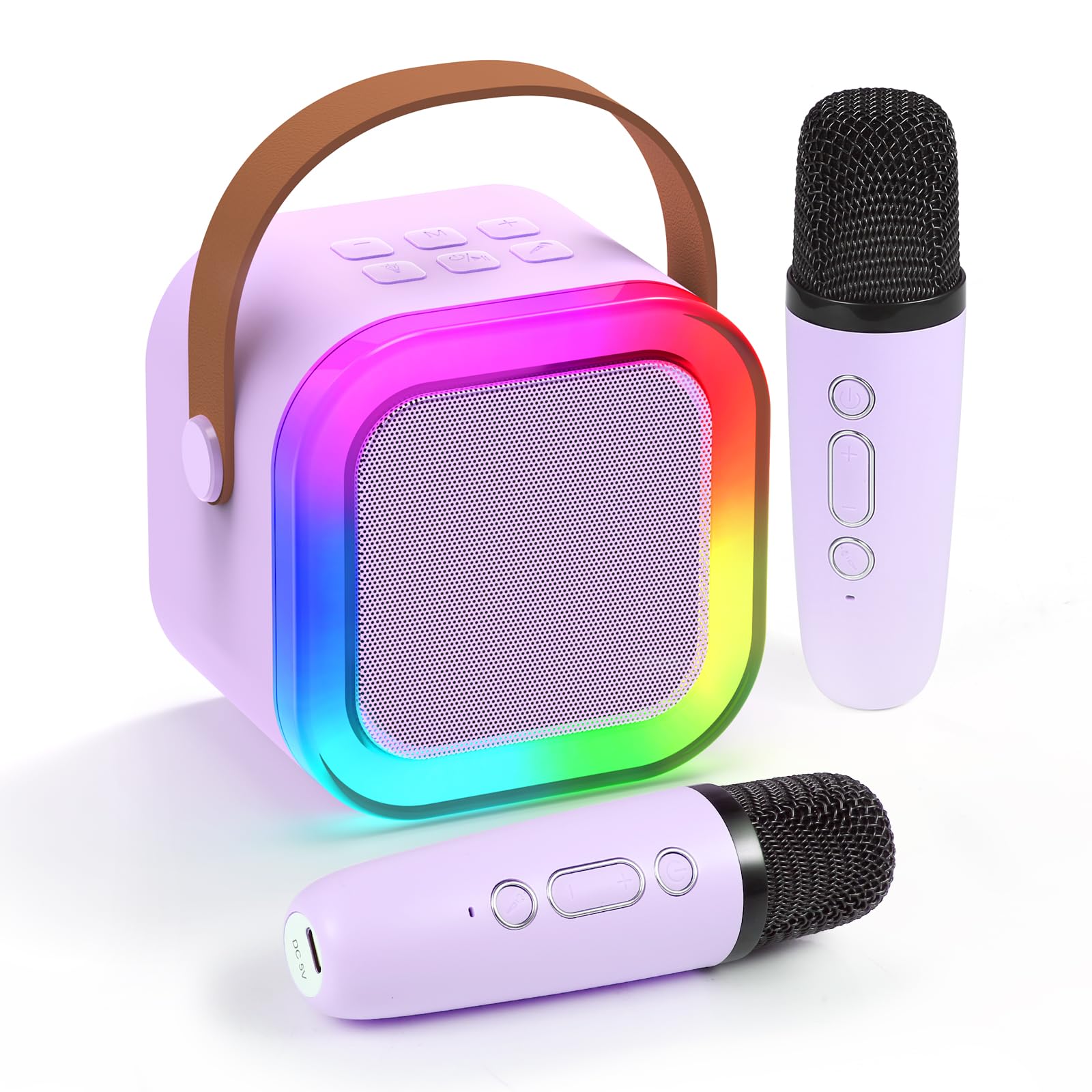 Fede Karaoke Machine for Kids Adults, Mini Karaoke Machine with 2 Wireless Microphones, Portable Bluetooth Speaker with Voice Changing Effects & LED Lights, Best Gifts Toys for Girls and Boys Purple