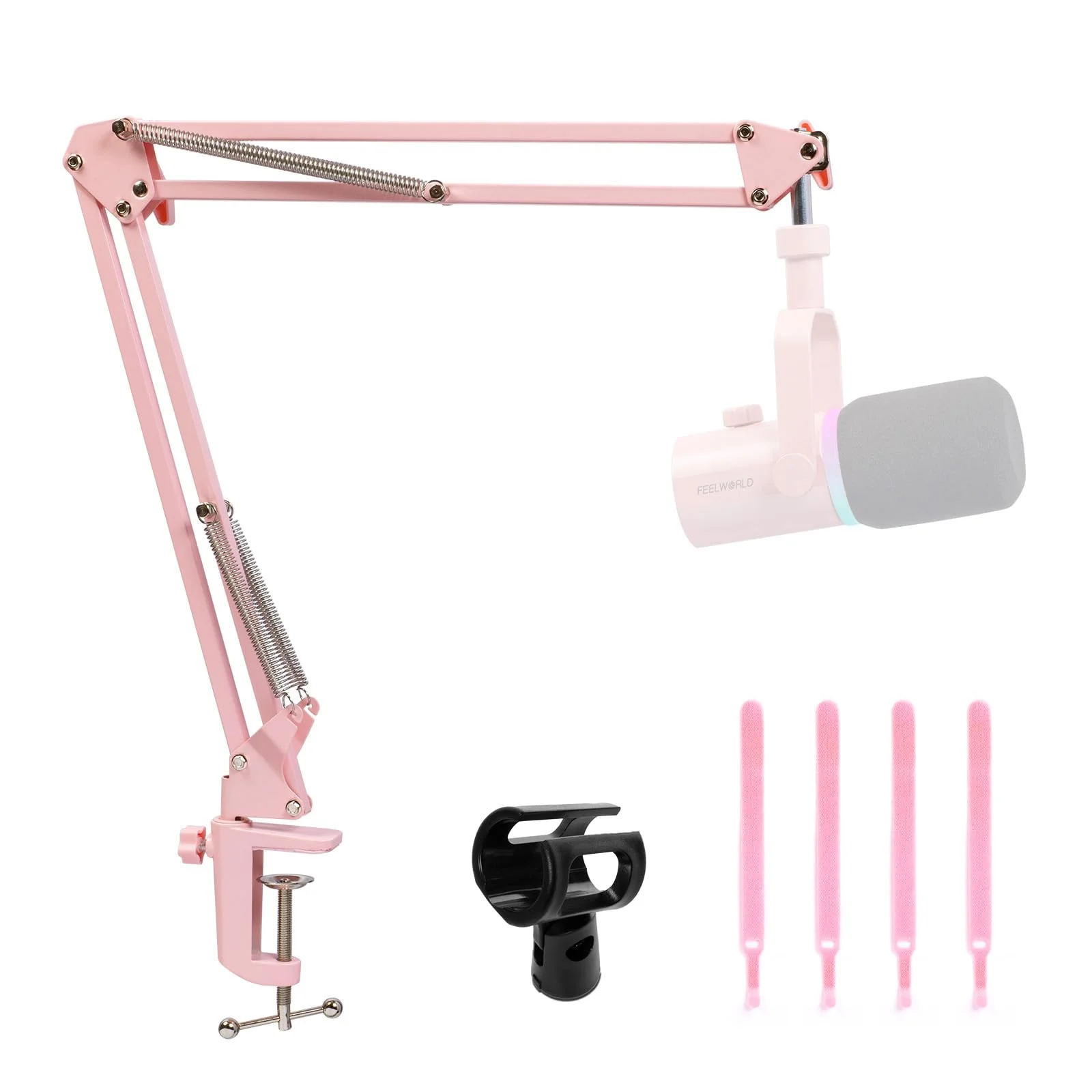 FEELWORLD AMS1 Microphone Boom Arm, Adjustable Mic Arm Stand with 3/8” to 5/8” Screw, Compatible with PM1 and other Mics for Podcast Straming Gaming Studio （Pink) Pink