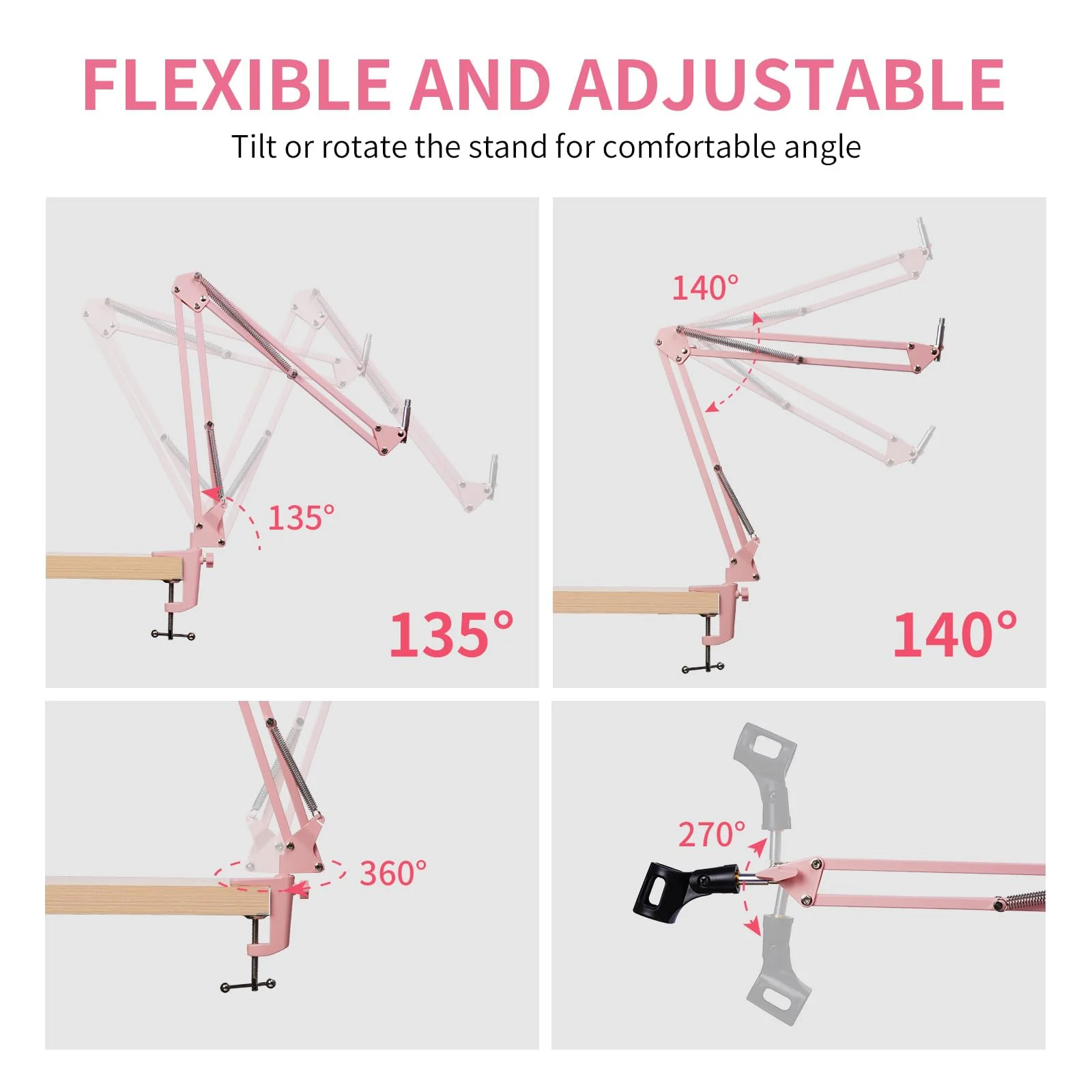 FEELWORLD AMS1 Microphone Boom Arm, Adjustable Mic Arm Stand with 3/8” to 5/8” Screw, Compatible with PM1 and other Mics for Podcast Straming Gaming Studio （Pink) Pink - Image 2
