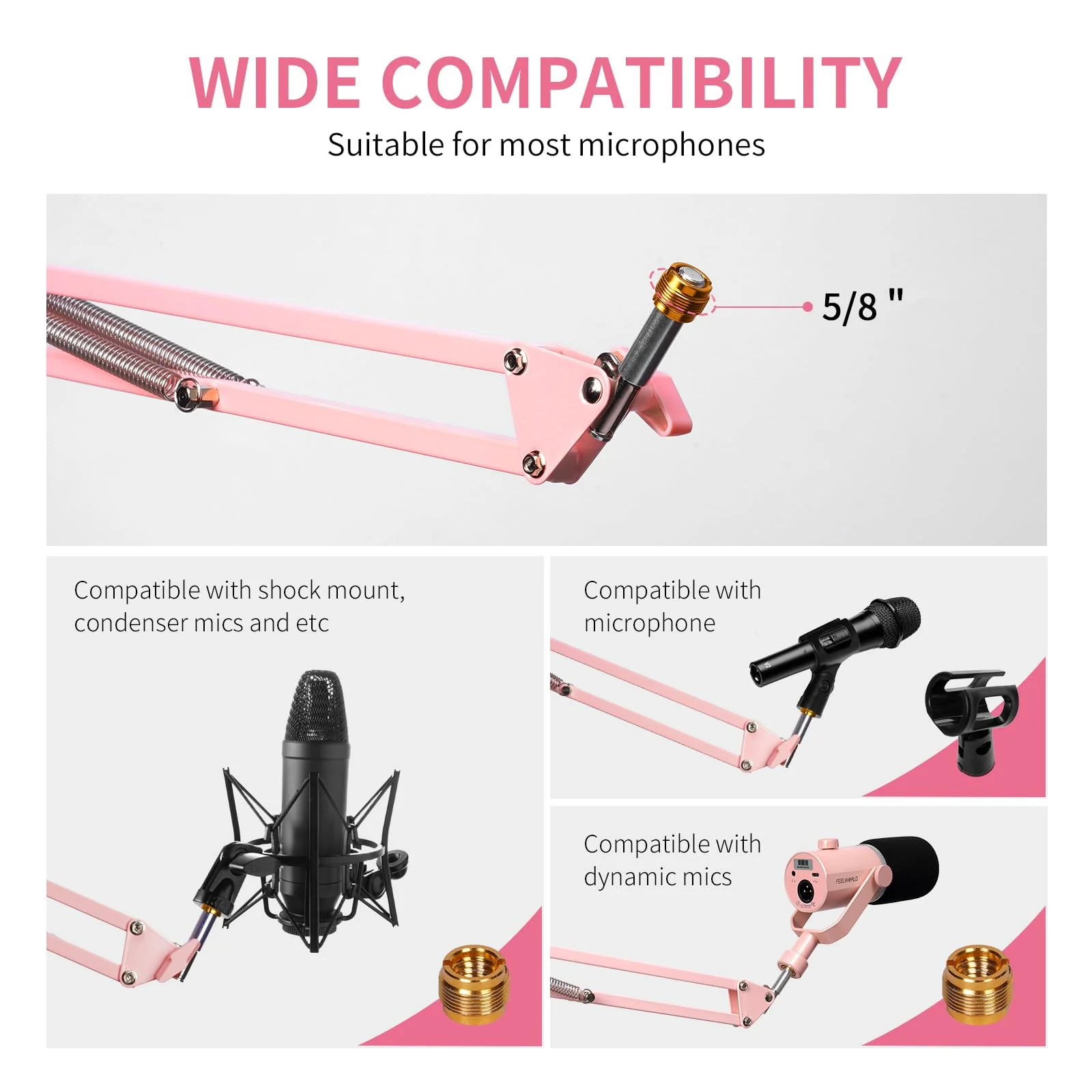 FEELWORLD AMS1 Microphone Boom Arm, Adjustable Mic Arm Stand with 3/8” to 5/8” Screw, Compatible with PM1 and other Mics for Podcast Straming Gaming Studio （Pink) Pink - Image 3