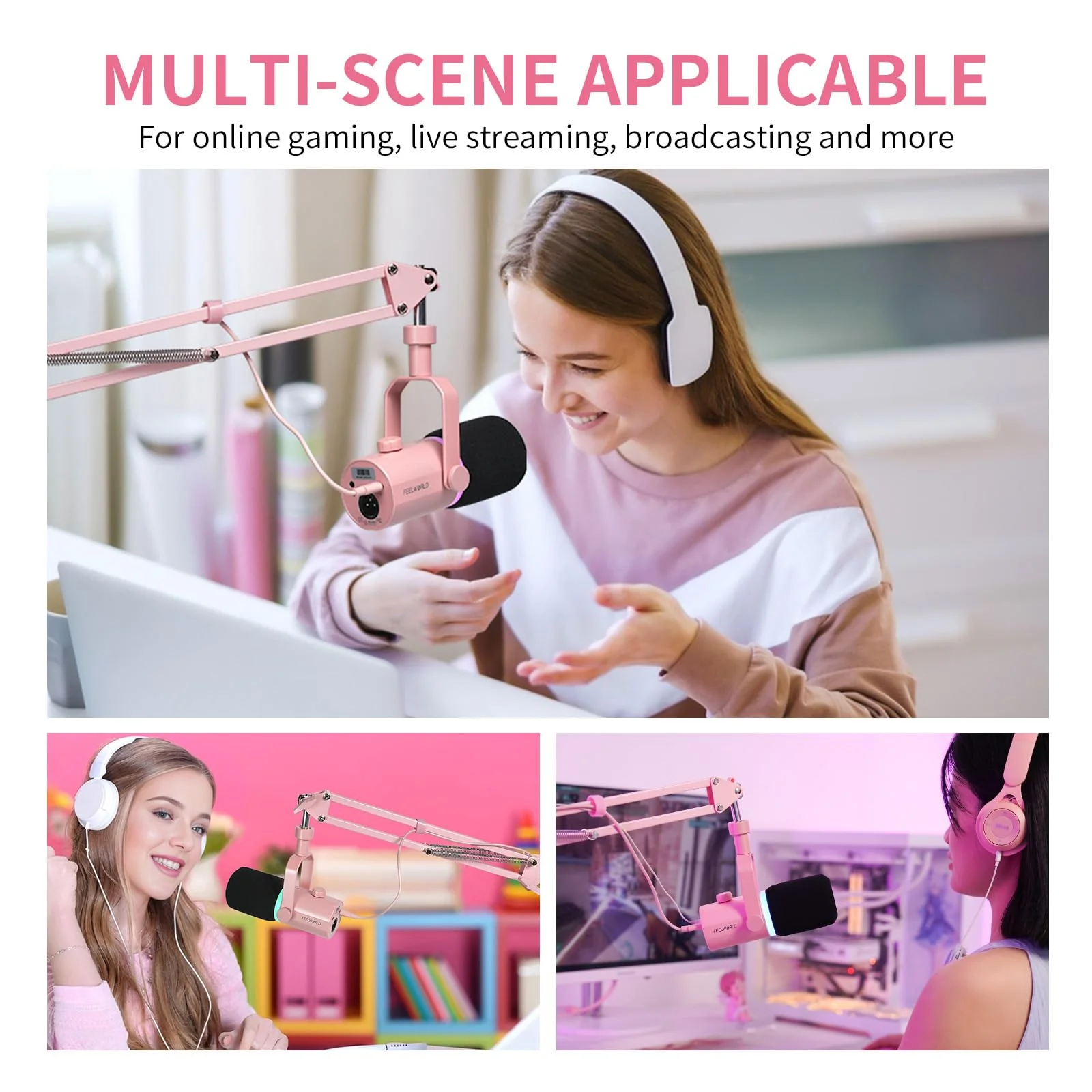FEELWORLD AMS1 Microphone Boom Arm, Adjustable Mic Arm Stand with 3/8” to 5/8” Screw, Compatible with PM1 and other Mics for Podcast Straming Gaming Studio （Pink) Pink - Image 7