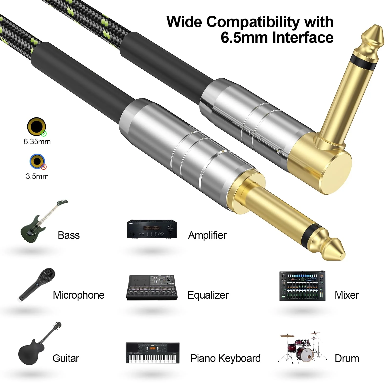 FEMORO Guitar Cable 10 ft, Instrument Cables Electric Guitar Amp Cord TS 1/4 Inch Audio 22AWG Chord 6.35MM Right Angle Support AV Receiver Bass Amplifier AMP Piano Keyboard Microphone Mixer 10 Feet - Image 2