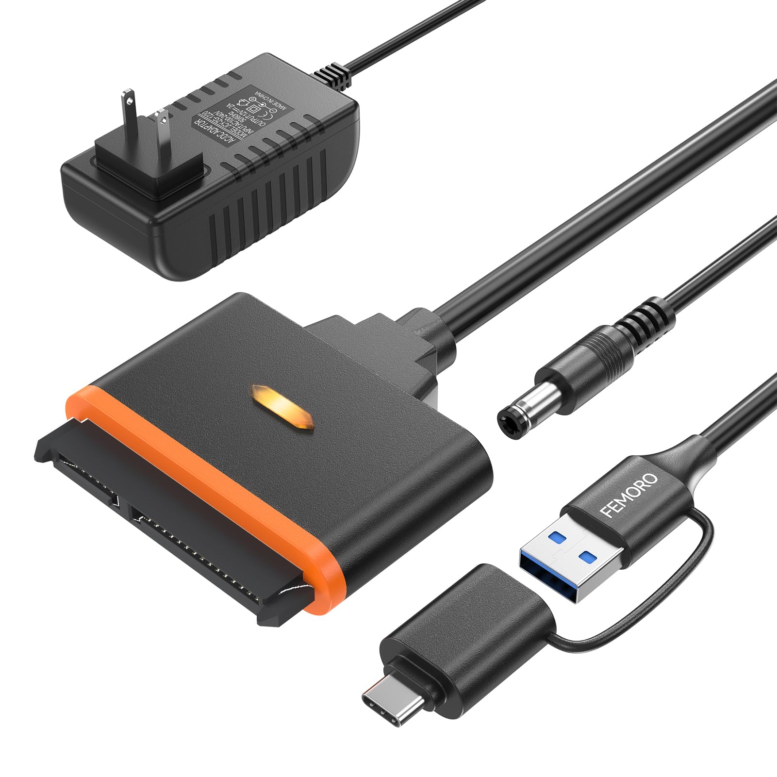 FEMORO SATA to USB Adapter with Power Supply, USB C 3.0 Hard Drive Converter External Reader for 3.5'' HDD 2.5'' SSD, up to 20TB, SATA III Support UASP Compatible with Seagate WD Toshiba and More USB+USB C 1 Pack