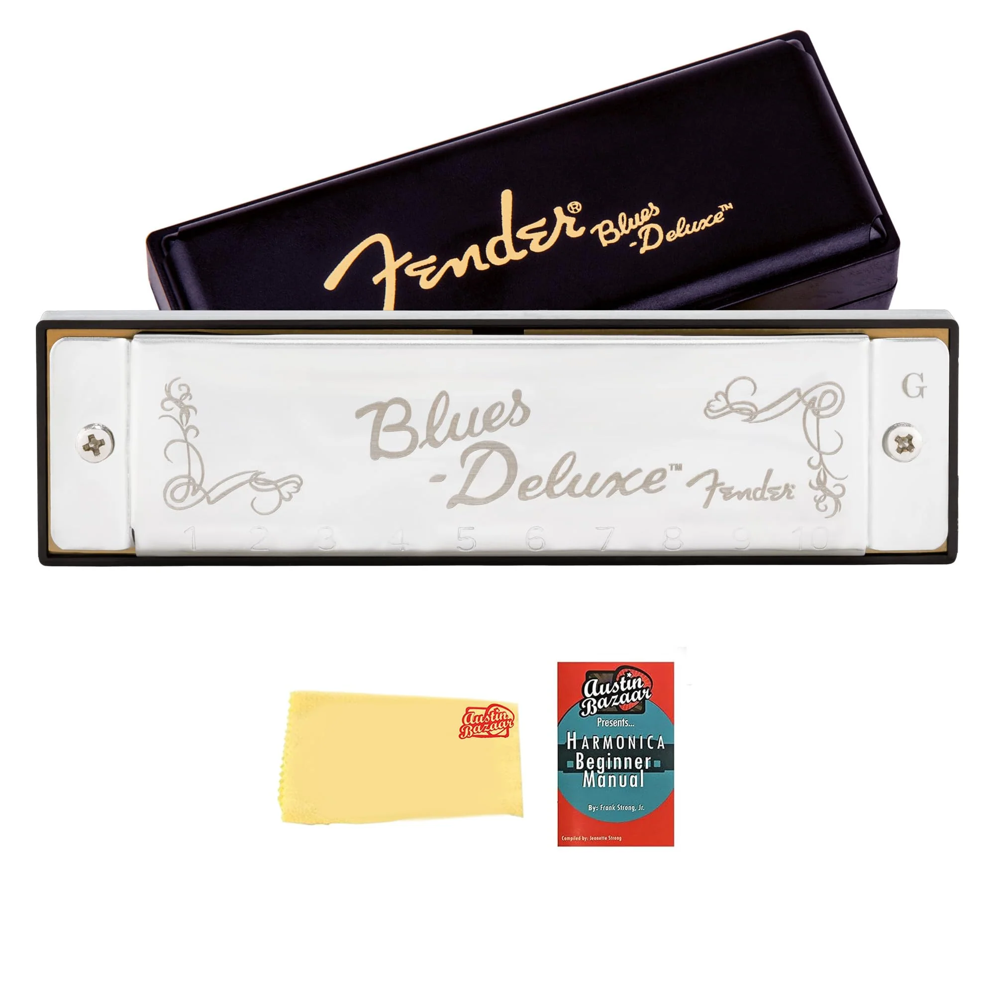 Fender Blues Deluxe Harmonica - Key of G Bundle with Carrying Case, Austin Bazaar Online Manual, and Polishing Cloth