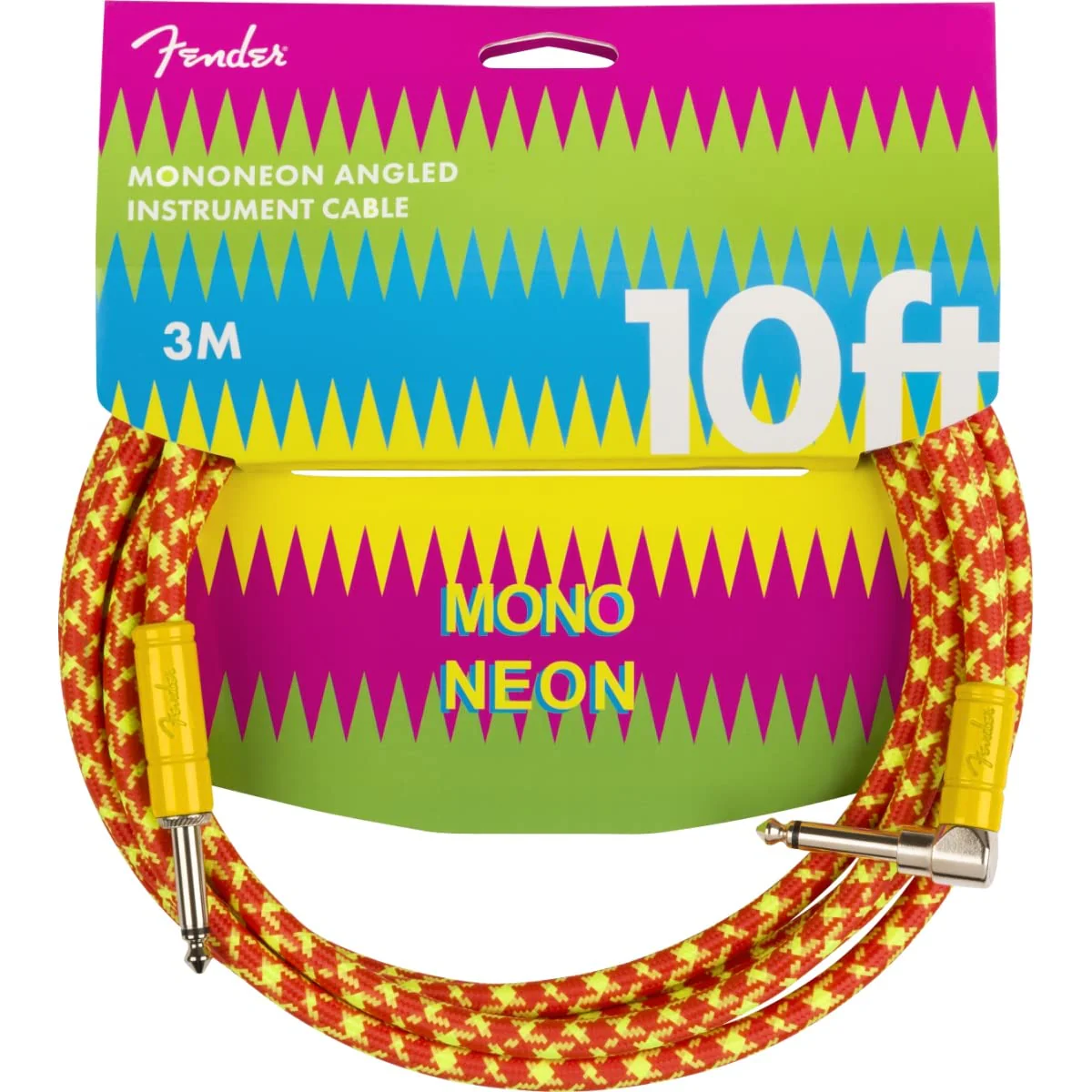 Fender MonoNeon Instrument Cable, Guitar Cable, Stocking Stuffers, Guitar Accessories, Straight/Angle, Orange/Yellow Tweed, 10ft