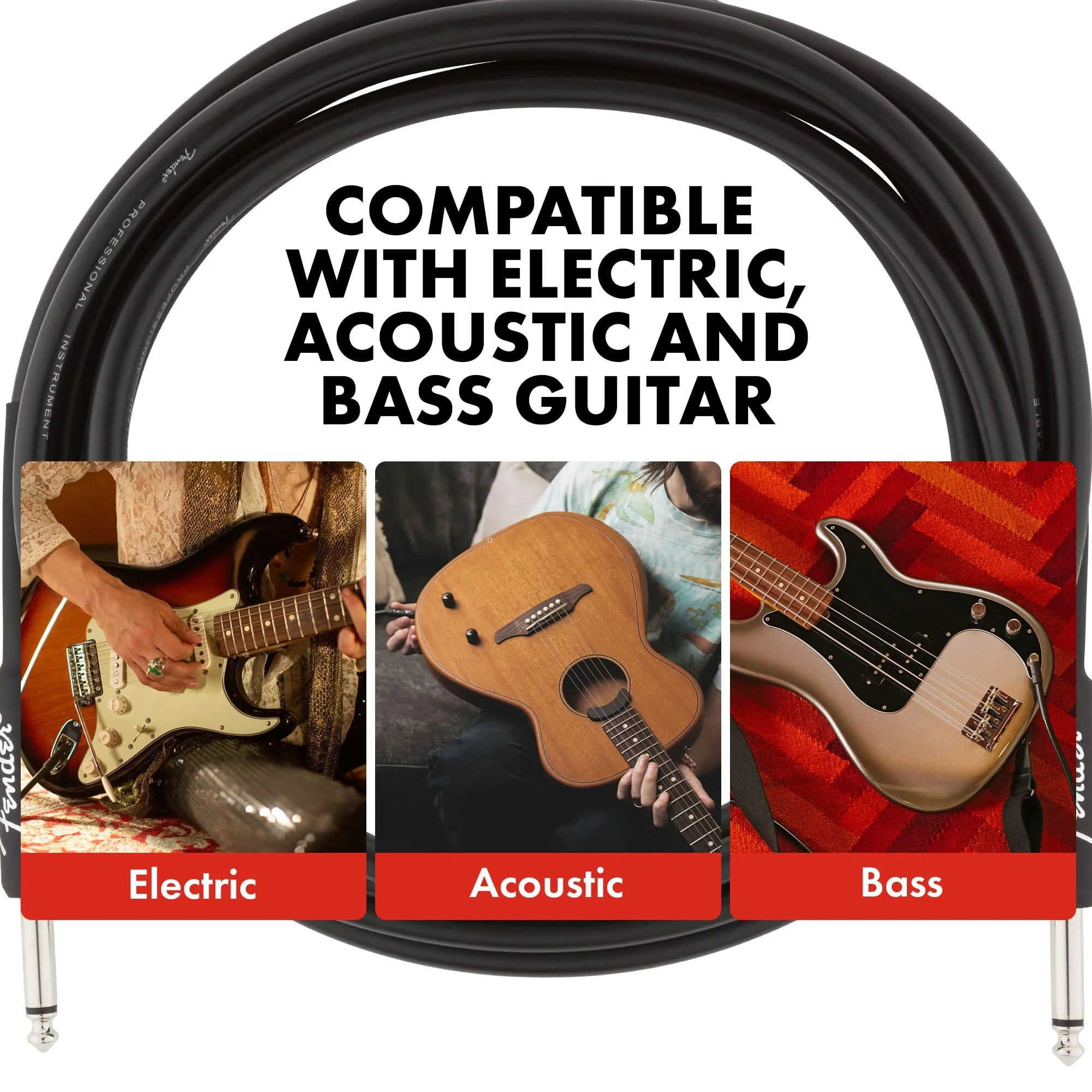 Fender Professional Series Instrument Cable, Guitar Cable, Stocking Stuffers, Guitar Accessories, Straight/Angle, Black, 10ft - Image 3