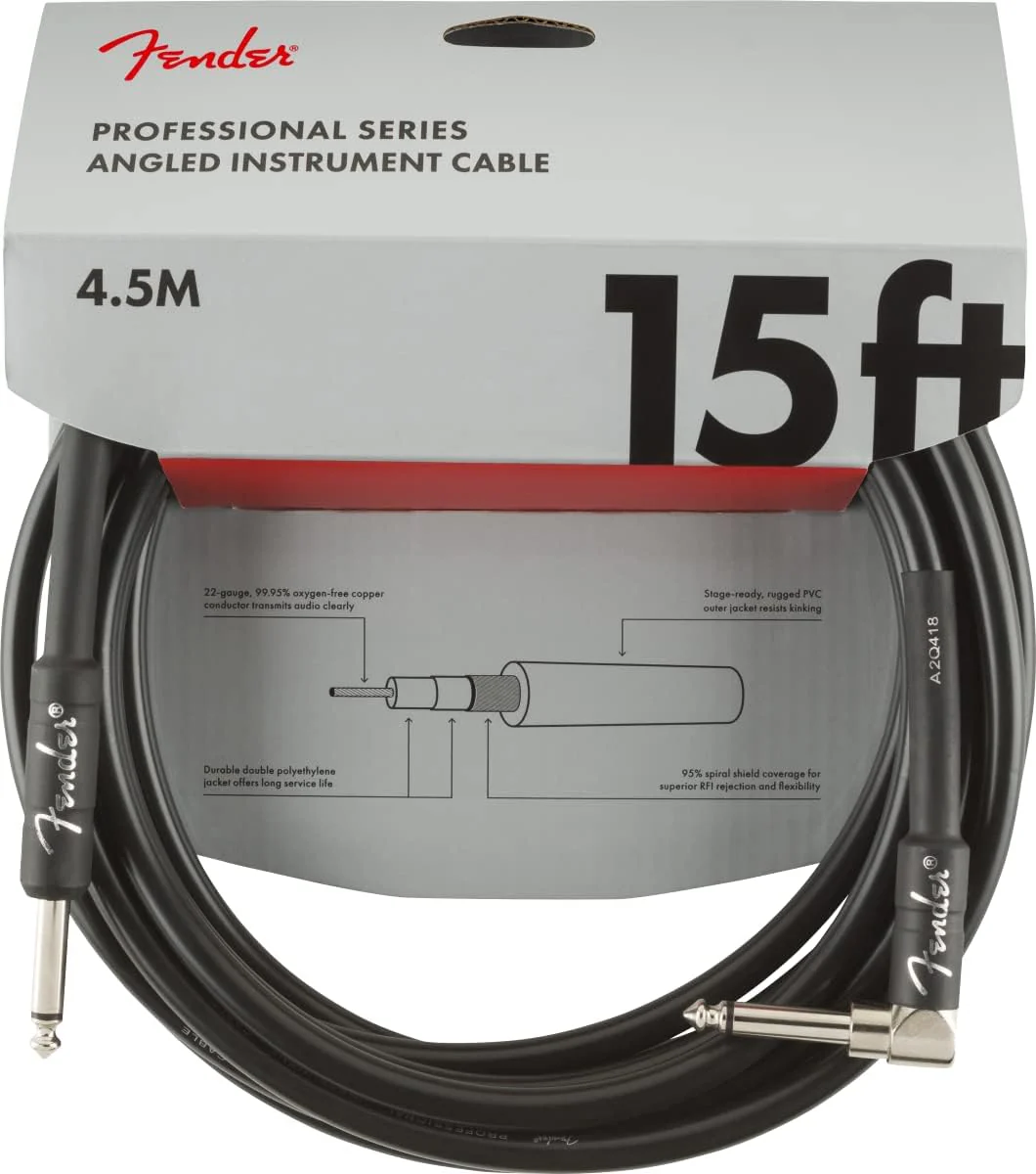 Fender Professional Series Instrument Cable, Guitar Cable, Stocking Stuffers, Guitar Accessories, Straight/Angle, Black, 15ft