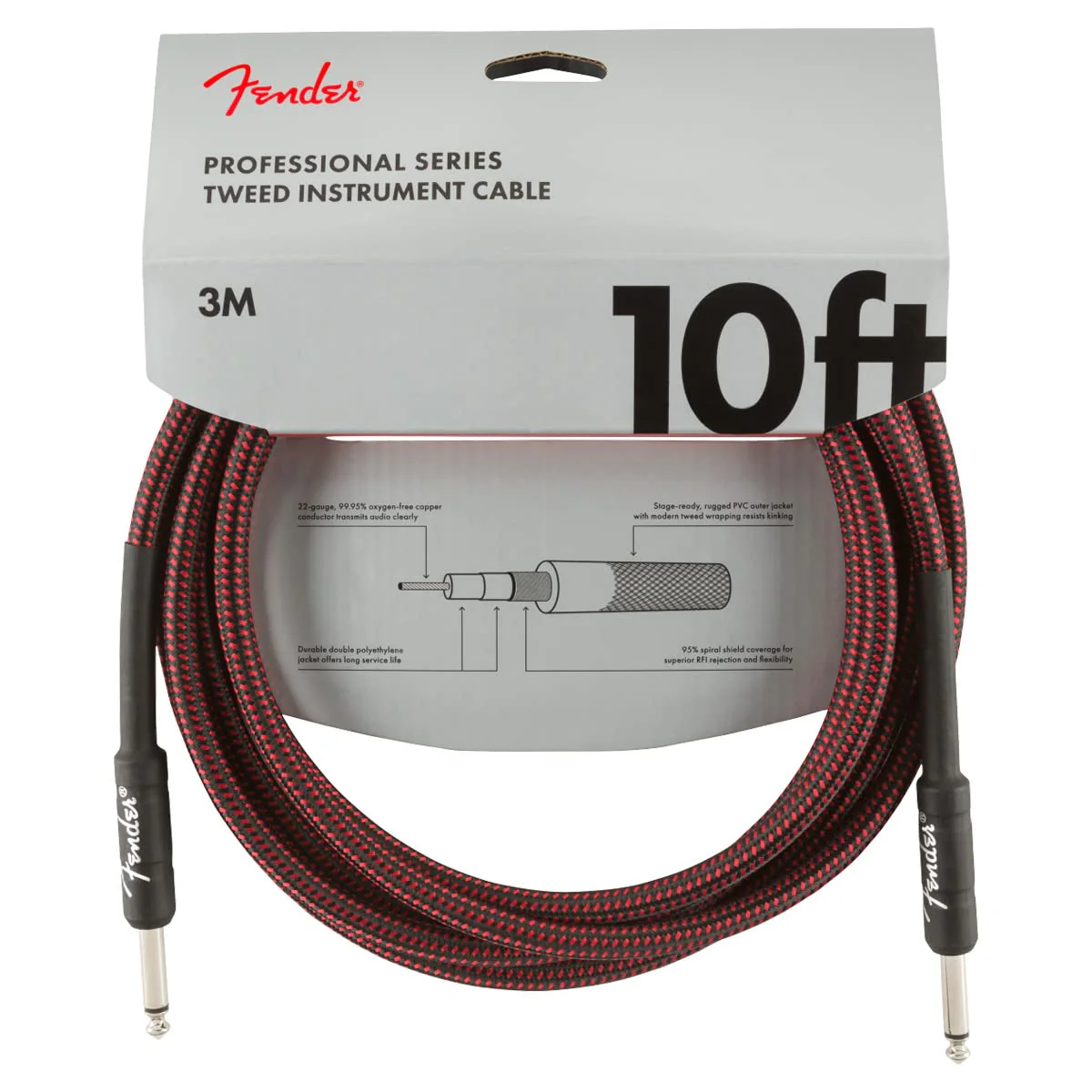 Fender Professional Series Tweed Instrument Cable, Guitar Cable, Guitar Accessories, Straight/Straight, Red, 10ft Grey Tweed