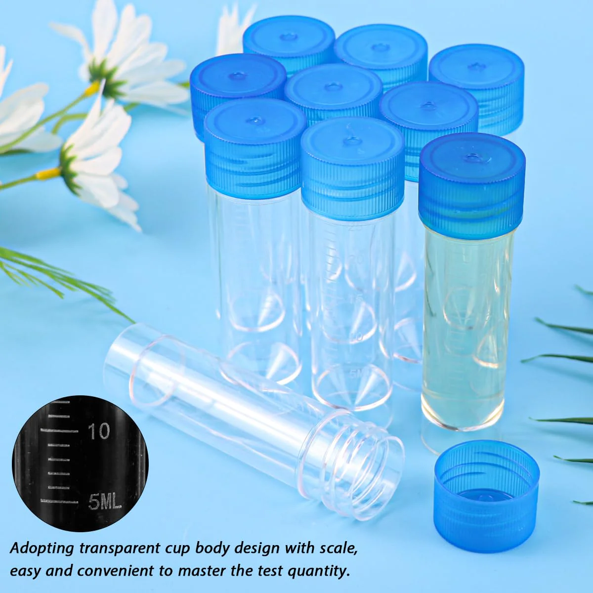 FERCAISH Pack of 10 Sample Tubes with Blue Screw Lid, 30 ml Sample Tube, Disposable Urine Tubes, Plastic Marker, Test Tubes, for Laboratory and Hospital - Image 2