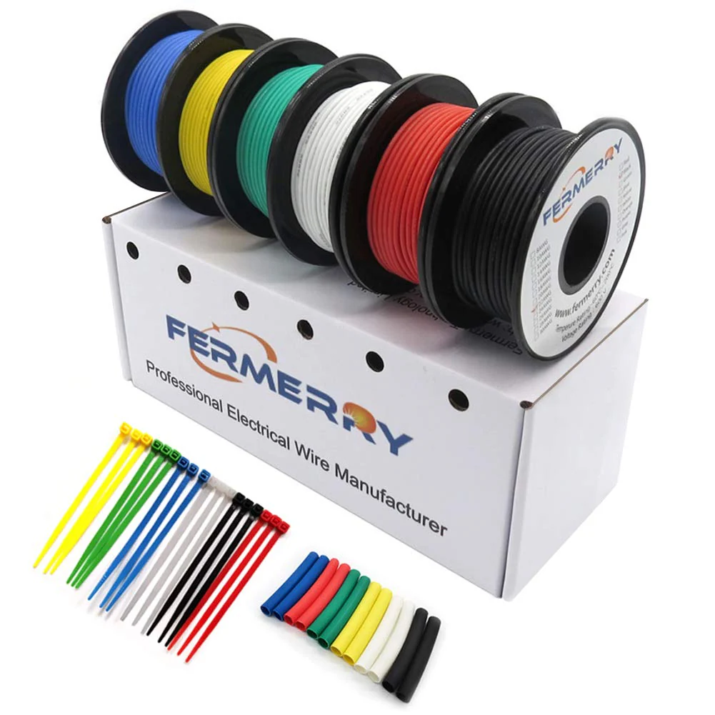 Fermerry 30 AWG Stranded Wire, Silicone, Tinned Copper Wire Coil, 6 Colours/3 m Each, Flexible 30 Gauge Hook-up Electric Cable Kit, 0.05 mm² ‎6 Farben je 3.048m 2-0.05 mm²/30AWG/silicone