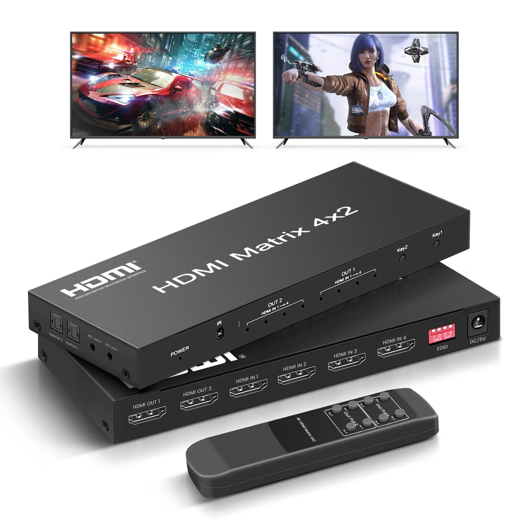 FERRISA 4x2 HDMI Matrix Switch, 4 in 2 Out Matrix HDMI Video Switcher Splitter +Optical & L/R Audio Output,Support Ultra HD 4K, 3D 1080P, Audio EDID Extractor with IR Remote Control 4K 30Hz 4 to 2