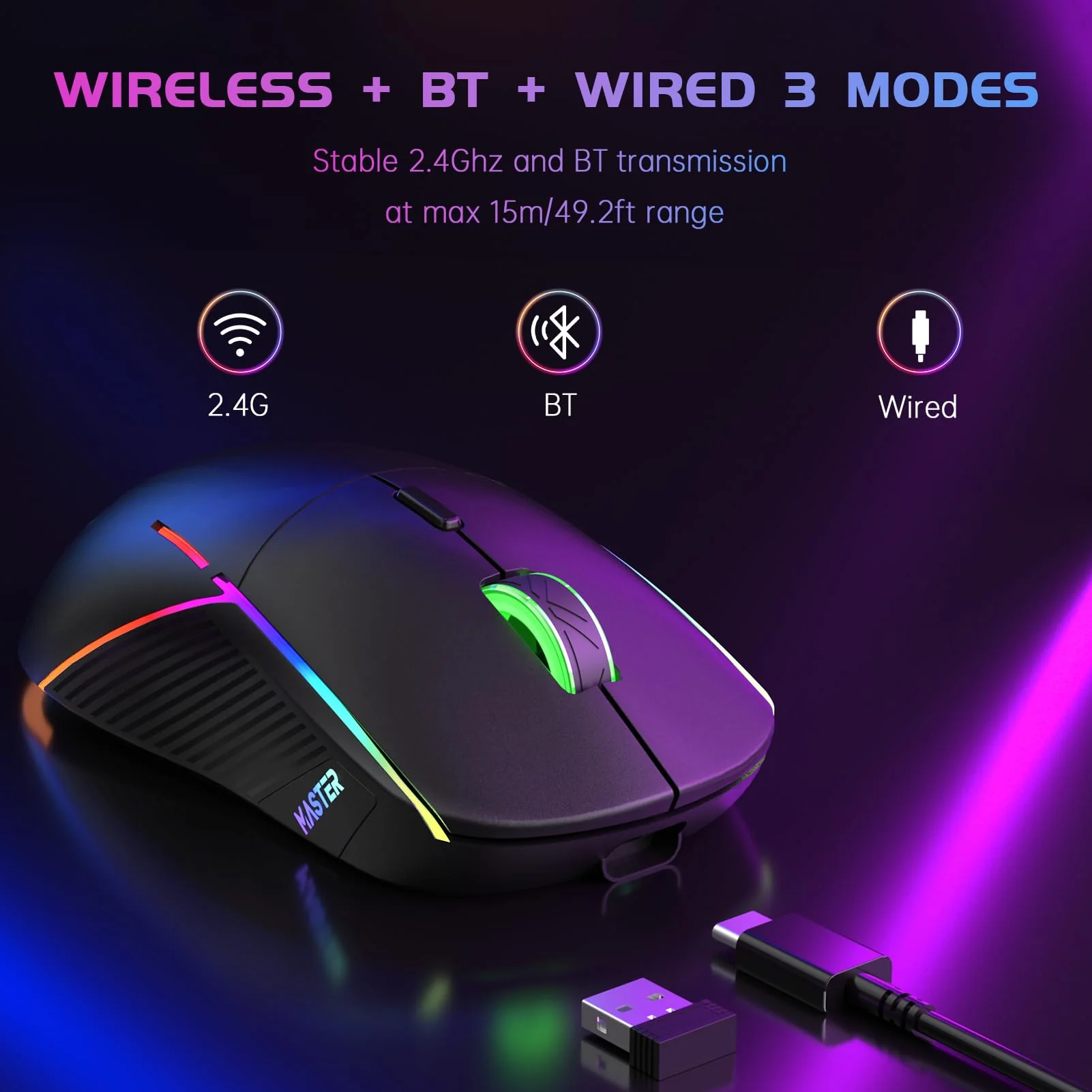 FFJ Wireless Gaming Mouse, 24000 DPI, Tri-Mode 2.4G/USB-C/Bluetooth 5.3 Gaming Mouse Wireless, RGB Programmable Mouse Gamer, 75Hrs Battery Life, Rechargeable Gaming Mice for PC, Mac, PS5, Xbox-Black Black - Image 7