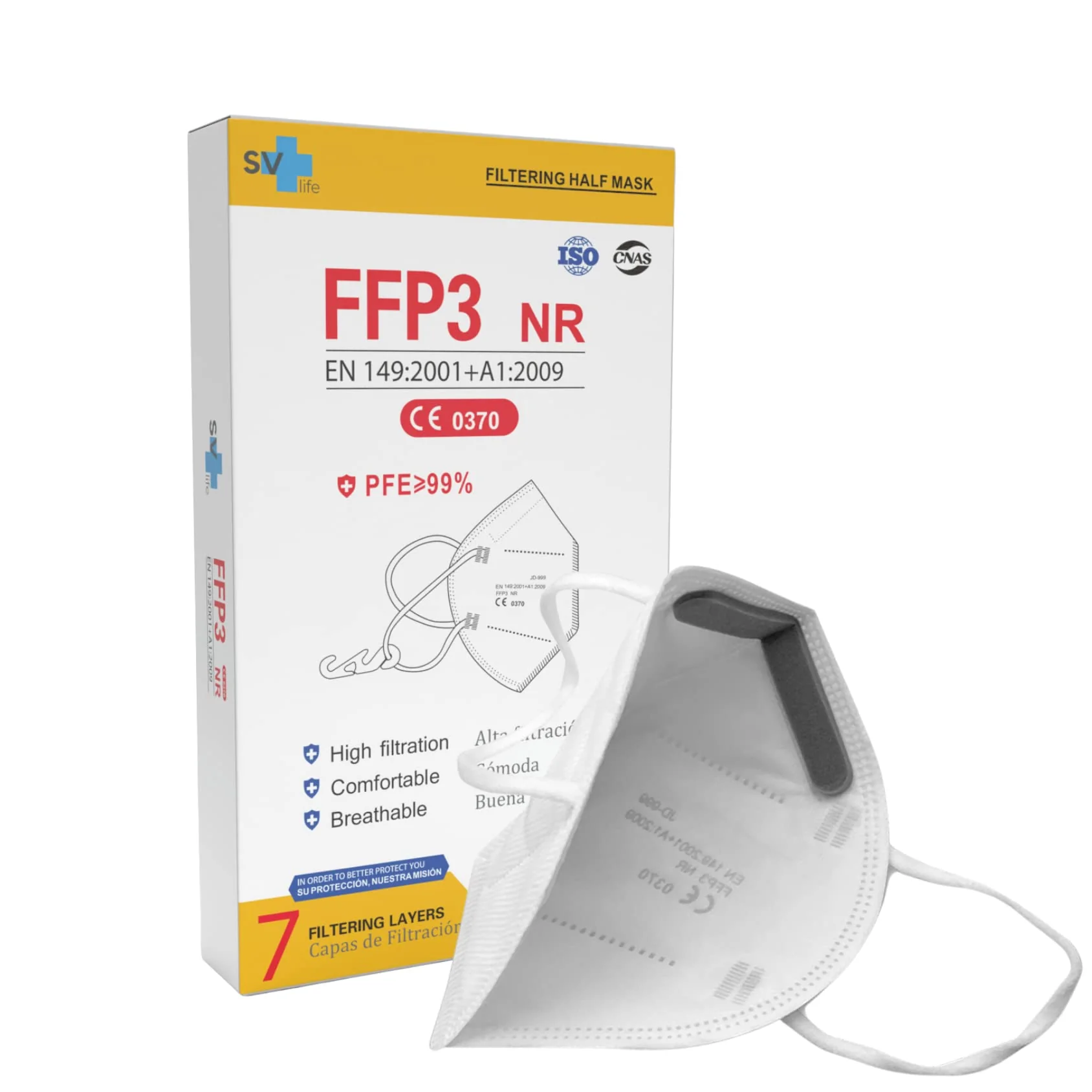 FFP3 Mask with 7 Layers, CE Certified, High Protection >99%, Individual Packaging, Non-Reusable, Adult Size, without Valve, Pack of 20