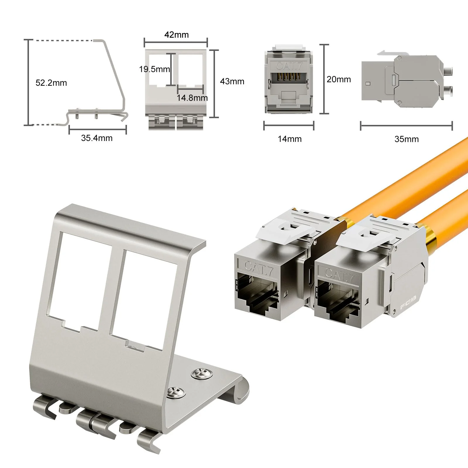 FGB 10Gbps 2x CAT 7 Keystone Jack Module with 1x 2-Port DIN Rail Adapter - Tool-Free LSA - Metal STP Shielding RJ45 Socket Snap-in Mounting for 35 mm DIN Rails - Ethernet LAN Network Switch 2 port-2x keystone + 1x holder - Image 4