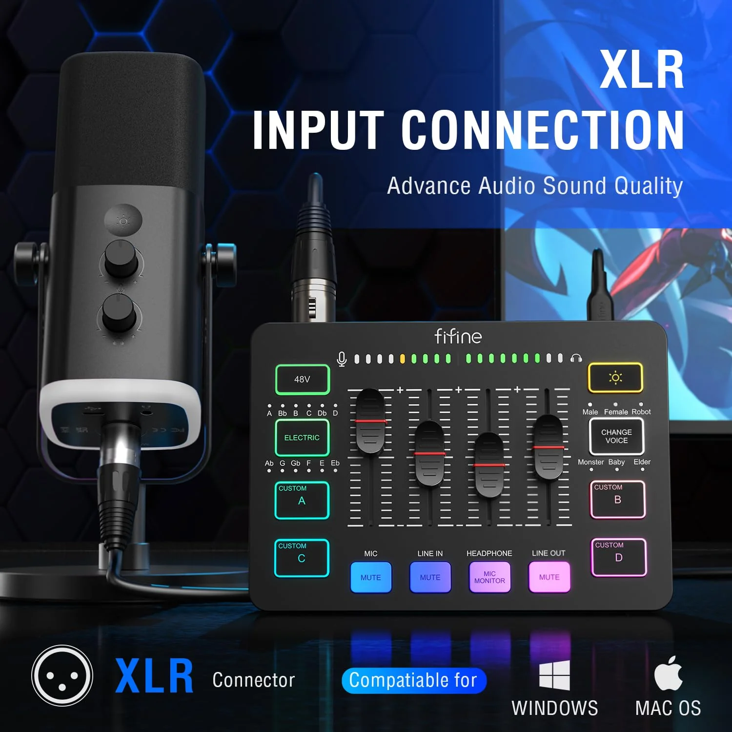 FIFINE Gaming Audio Mixer, Streaming RGB PC Mixer with XLR Microphone Interface, Individual Control, Volume Fader, Mute Button, 48V Phantom Power, for Podcast/Recording/Vocal/Game Voice-AmpliGame SC3 Black - Image 2