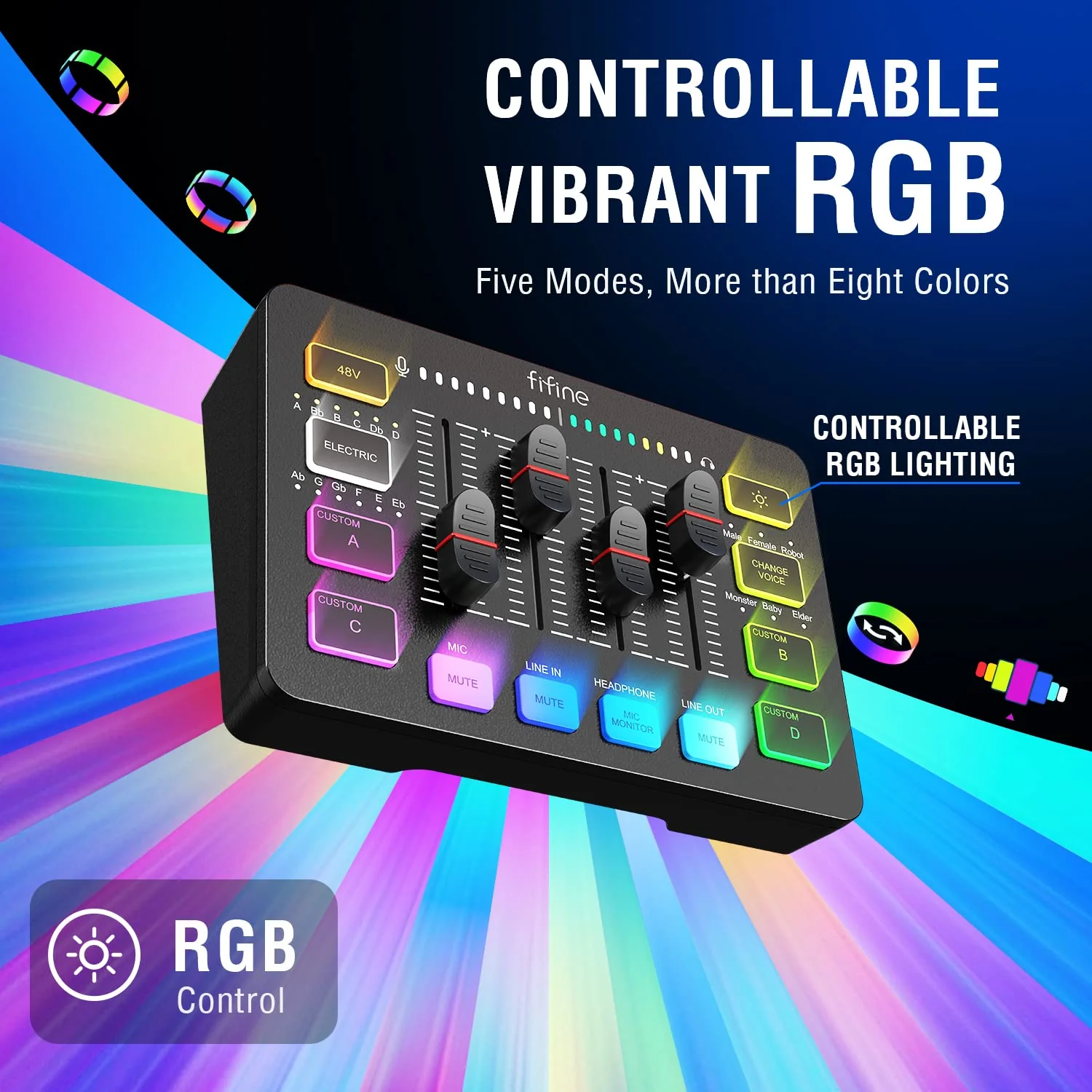 FIFINE Gaming Audio Mixer, Streaming RGB PC Mixer with XLR Microphone Interface, Individual Control, Volume Fader, Mute Button, 48V Phantom Power, for Podcast/Recording/Vocal/Game Voice-AmpliGame SC3 Black - Image 6