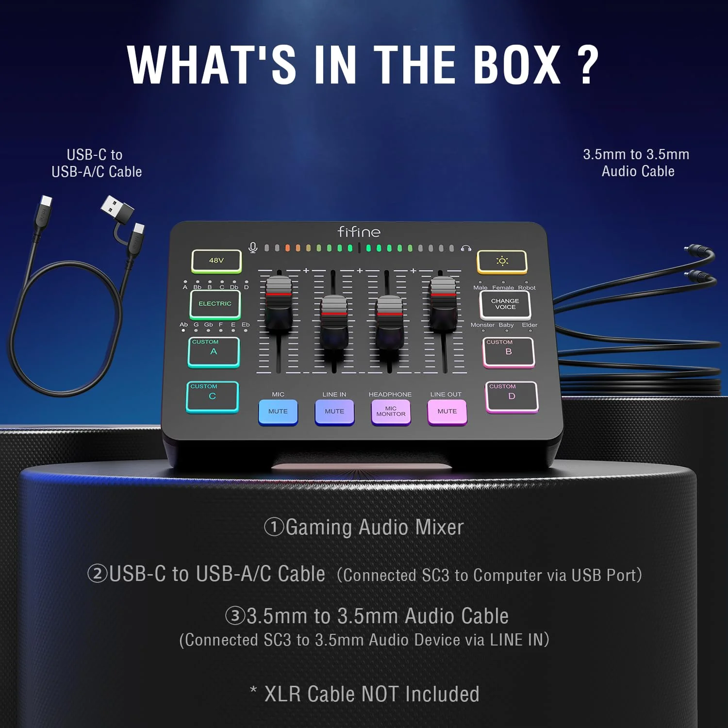 FIFINE Gaming Audio Mixer, Streaming RGB PC Mixer with XLR Microphone Interface, Individual Control, Volume Fader, Mute Button, 48V Phantom Power, for Podcast/Recording/Vocal/Game Voice-AmpliGame SC3 Black - Image 7