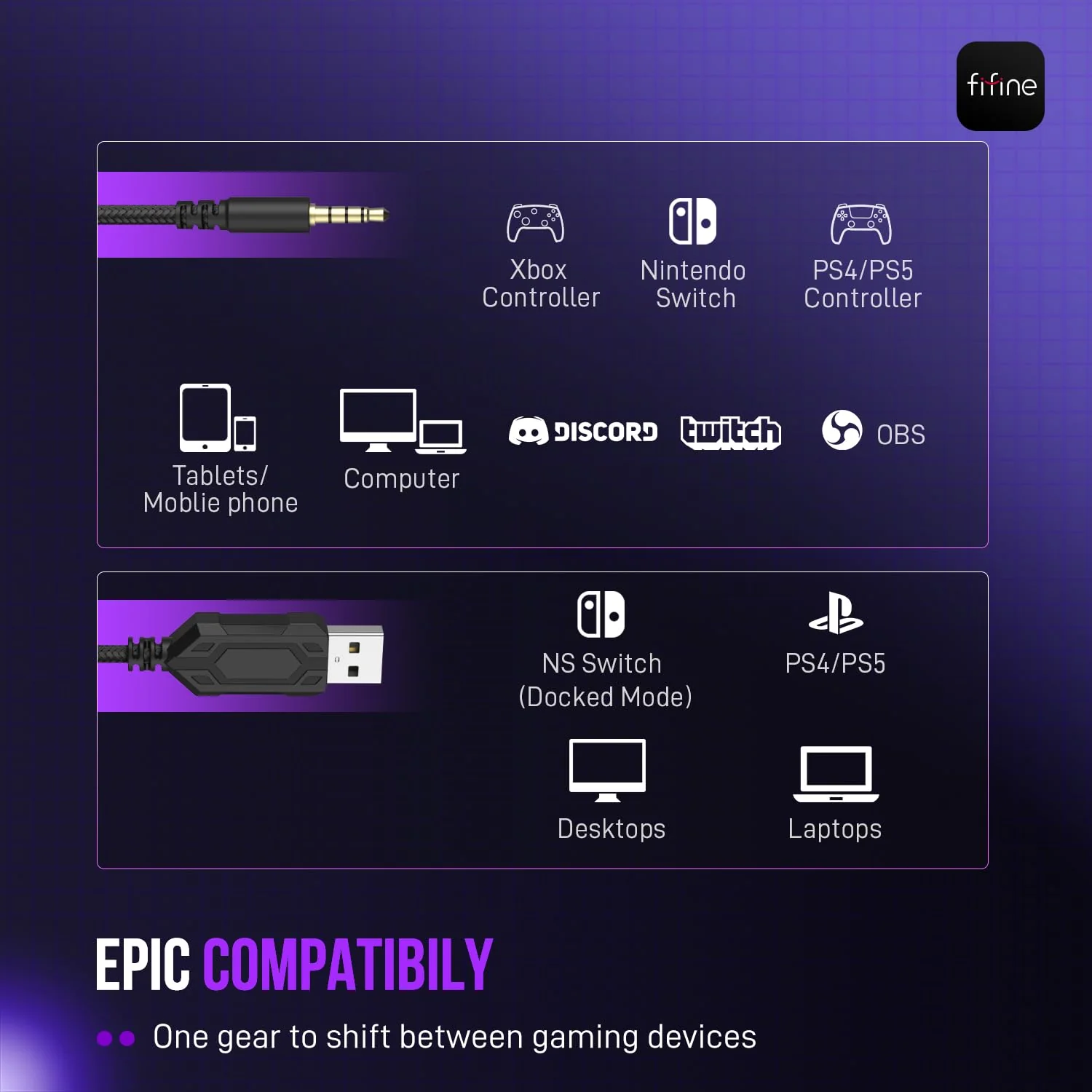 FIFINE Wired Gaming Headset, USB Headphone with 7.1 Surround Sound, Detachable Microphone, Control Box, 3.5mm Headphones Jack, Over-Ear Headset for PC/PS5/Xbox/Switch, Black-AmpliGame H9 - Image 4
