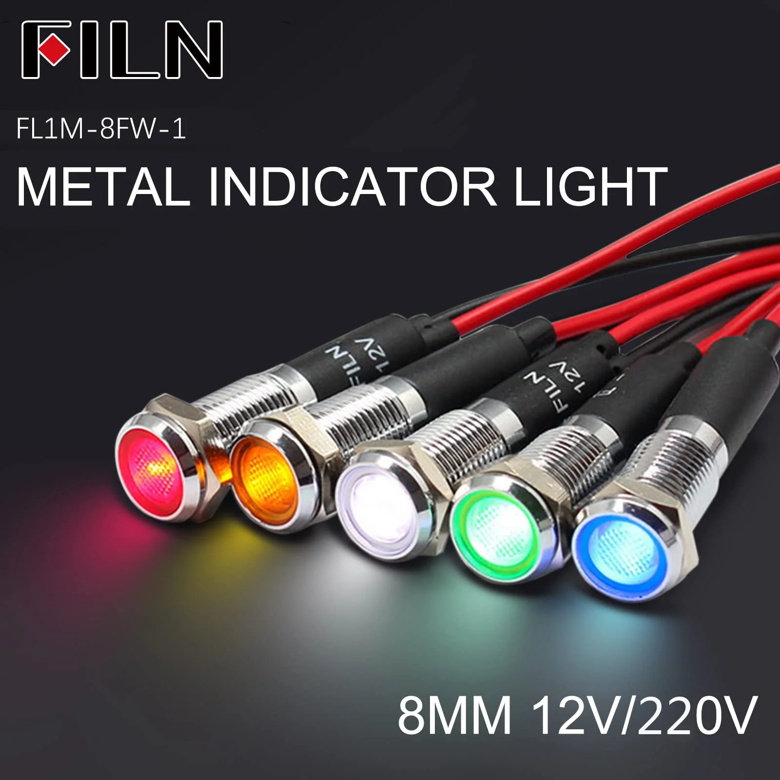 FILN 5 pieces 8 mm (5/16 inch) 12 V LED indicator light, waterproof pilot signal lamp, alarm light, metal panel lights (black, anodised, red5 pieces) red Schwarz eloxiert-12V-5pcs - Image 2