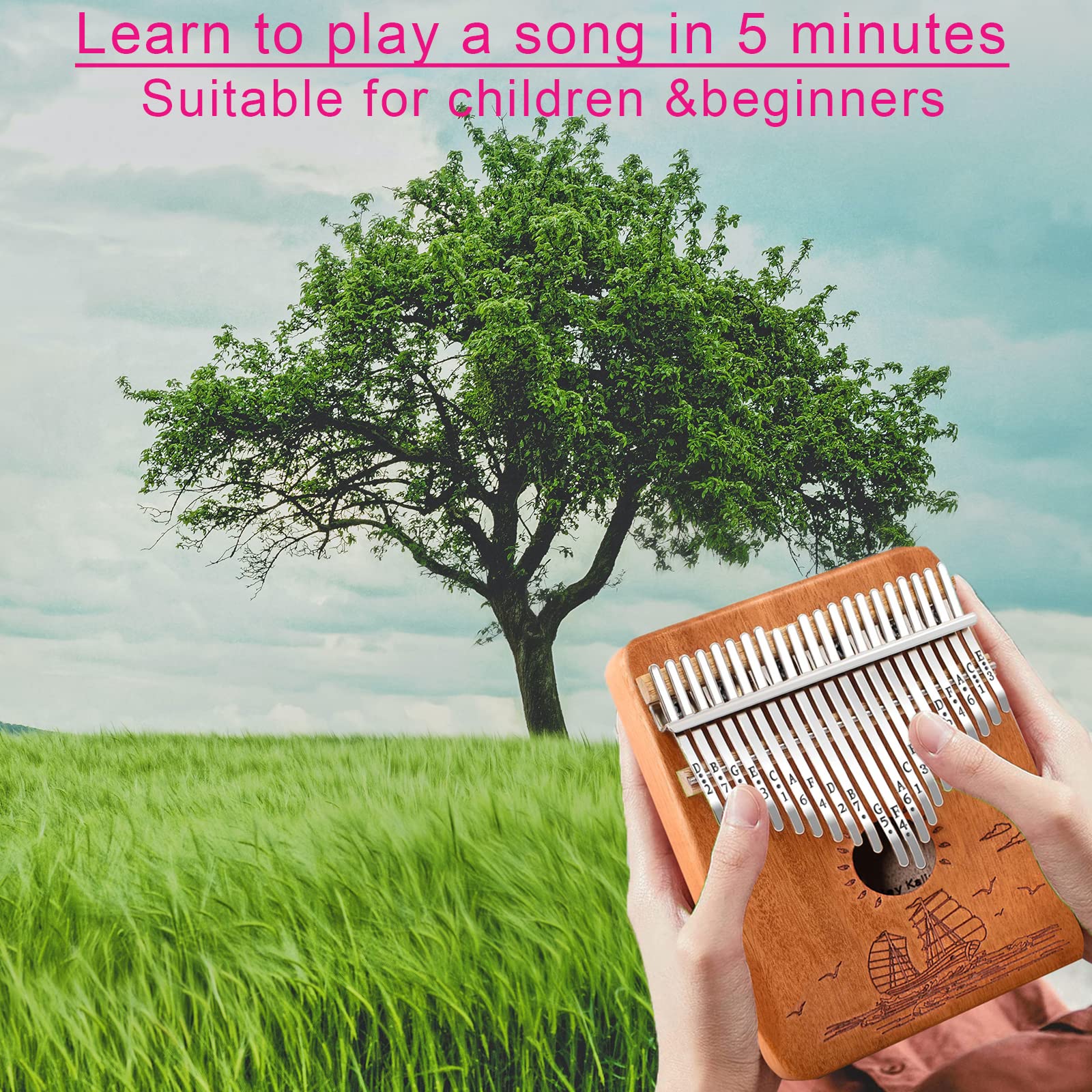 Finger Piano Kalimba 21 Keys, Calimba, Kalimba 21 Key with Tuning Hammer and Instructions, Sail Away Thumb Piano for Adults and Beginners(Brown) Brown - Image 2