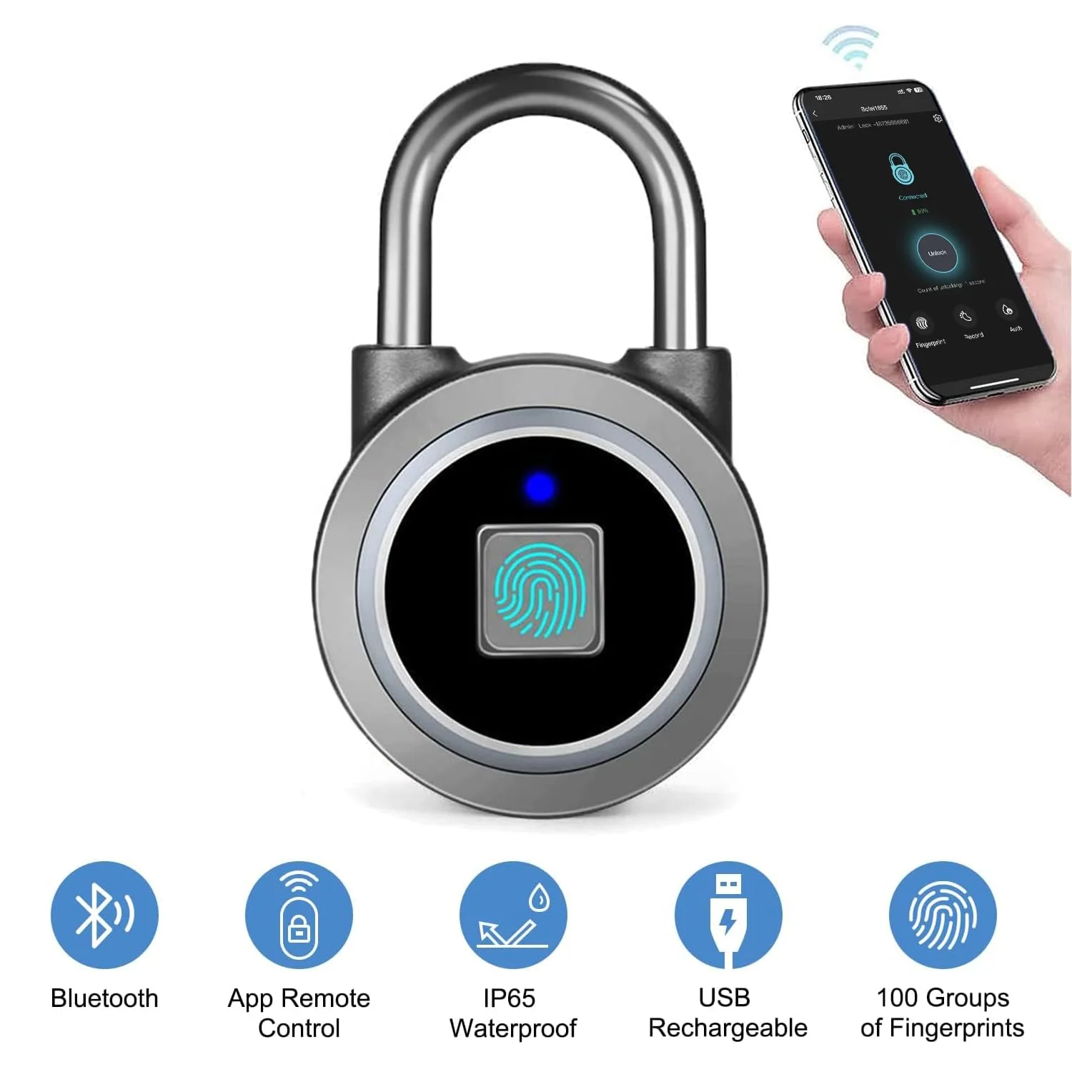 Fingerprint Padlock, Bluetooth Lock, Mobile APP, MEGAFEIS Smart Padlock with Keyless Biometric, Water Resistant, Suitable for Gym, Sports, Bike, School, Locker and Storage(Grey) Gray - Image 2