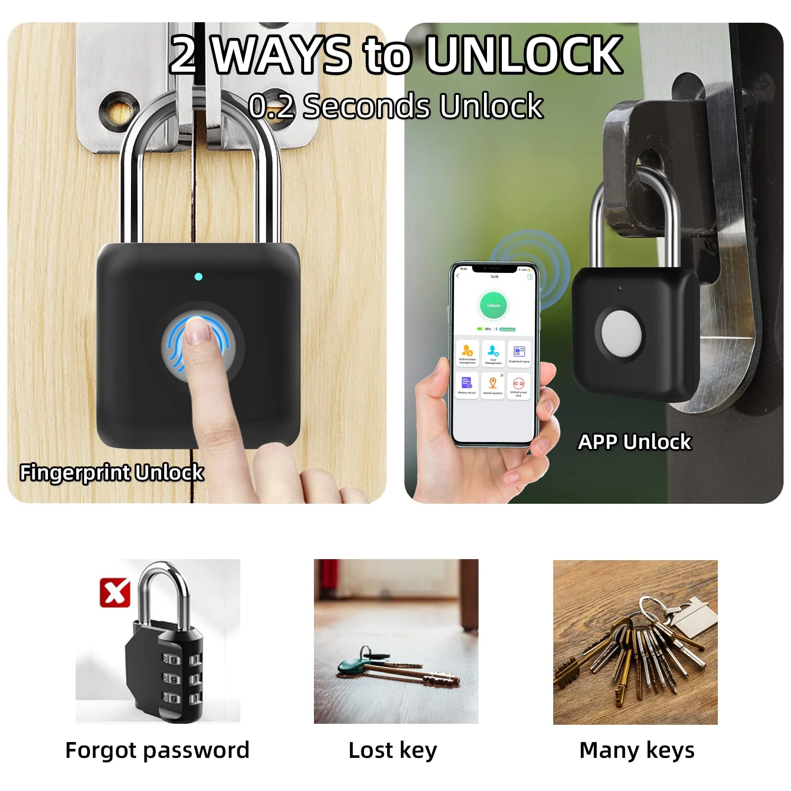 Fingerprint Padlock, Pothunder Padlock, Locker Lock, Combination Lock, Gym Locker Lock with Fingerprint and Bluetooth Unlock, USB Rechargeable, Suitable for Gym, Gate, Door, School, Locker(P8BF-Black) Black - Image 2