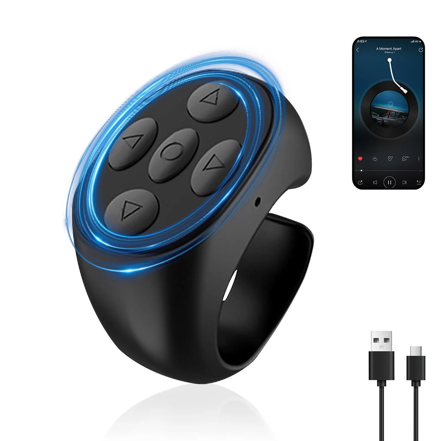 Fingertip Wireless Bluetooth Remote Control, 2025 New TIK-to-k Remote Control APP Kindle Page Turner, Scrolling Rings Rechargeable Camera Video Recording Remote (Black-USB) (Black) Black