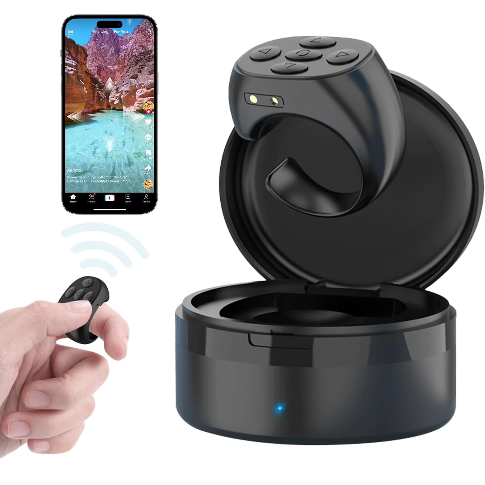 Fingertip Wireless Bluetooth Remote Control, Fingertip Remote Control, Scrolling Ring Remote Control, Remote Control App Page Turner, Scrolling Rings Rechargeable Camera Remote (Black) black