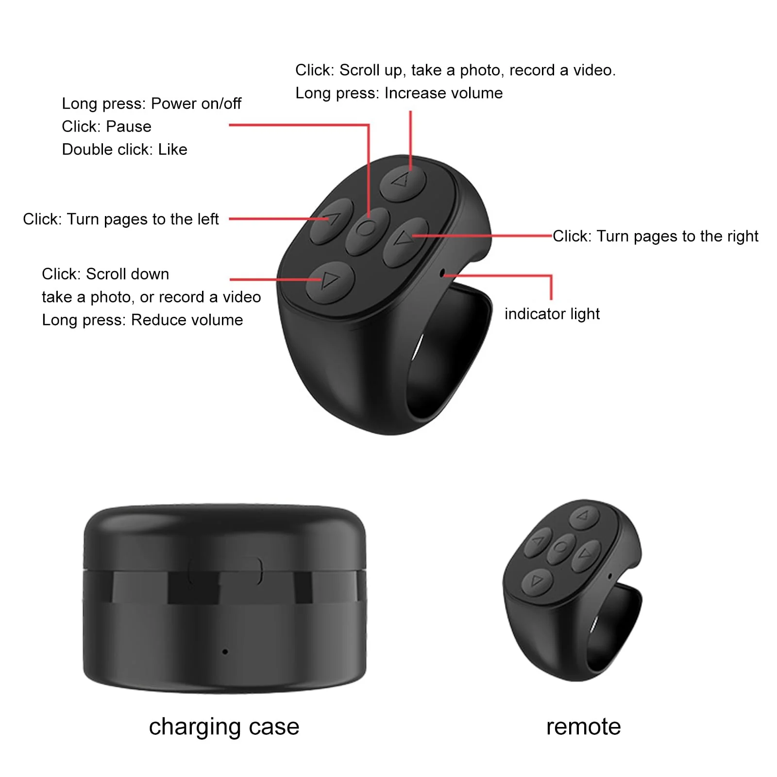 Fingertip Wireless Bluetooth Remote Control, Fingertip Remote Control, Scrolling Ring Remote Control, Remote Control App Page Turner, Scrolling Rings Rechargeable Camera Remote (Black) black - Image 8