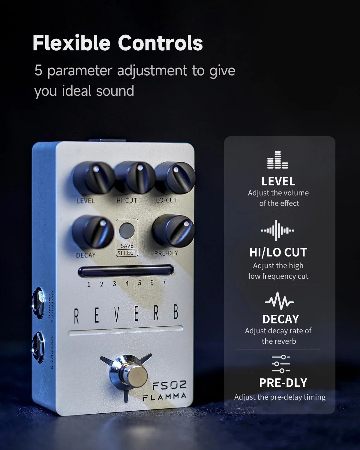 FLAMMA FS02 Reverb Pedal Stereo Guitar Effects with 7 Storable Preset Slots 7 Reverb Effects Room Hall Church Cave Plate Spring Mod True Bypass Trail On - Image 7