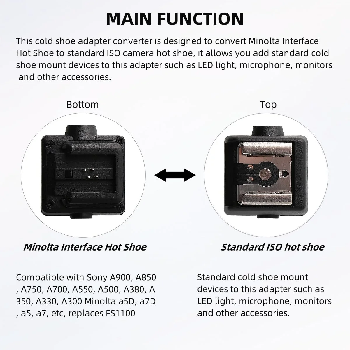 Flash Hot Shoe Adapter Speedlight Shoe Mount Converter for Sony A900 A850 A750 A700 A550 A500 A380 A350 A330 A300 Minolta a5D, a7D, a5, a7 Interface to Universal Standard Hot Shoe with PC Sync Port - Image 2