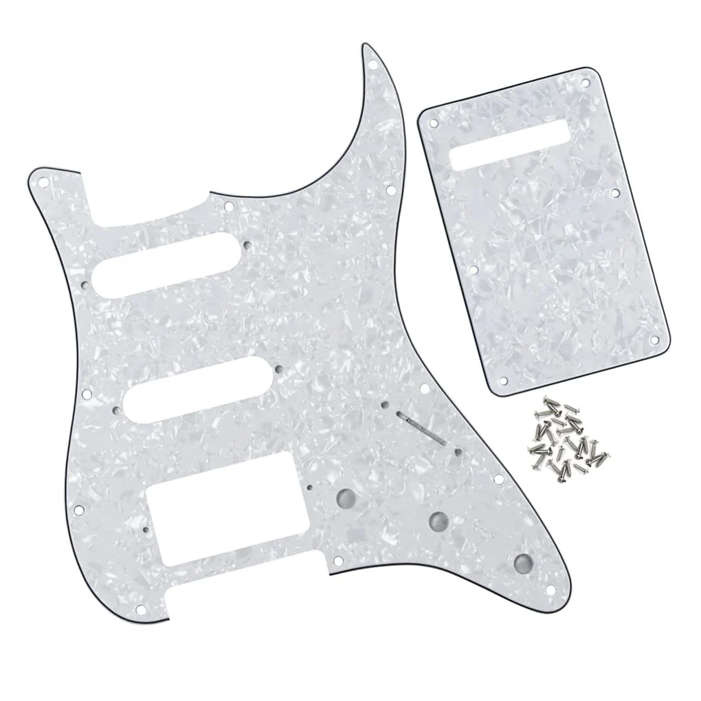 FLEOR HSS Guitar Pickguard 11-Hole ST Style Electric Guitar Pick Guard Backplate Set with Mounting Screws,4Ply White Pearl 4Ply White Pearl