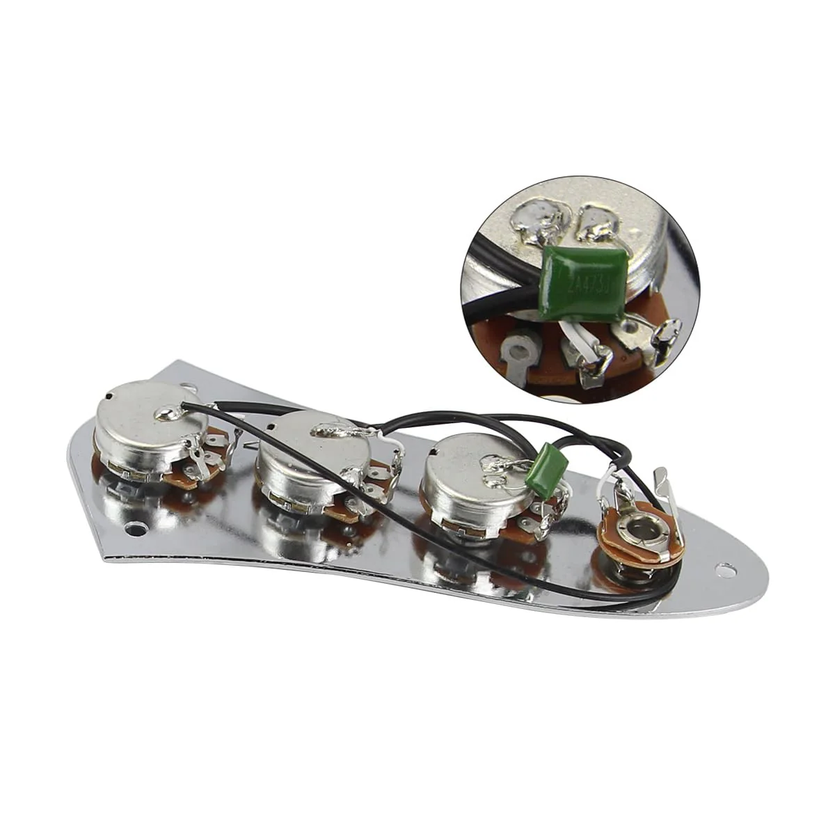 FLEOR Pre-wired Control Plate Fully Loaded Control Plate Wiring Harness Kit Chrome with Plastic Black Knobs for Fender Jazz Bass Part Chrome with Plastic Knob - Image 4