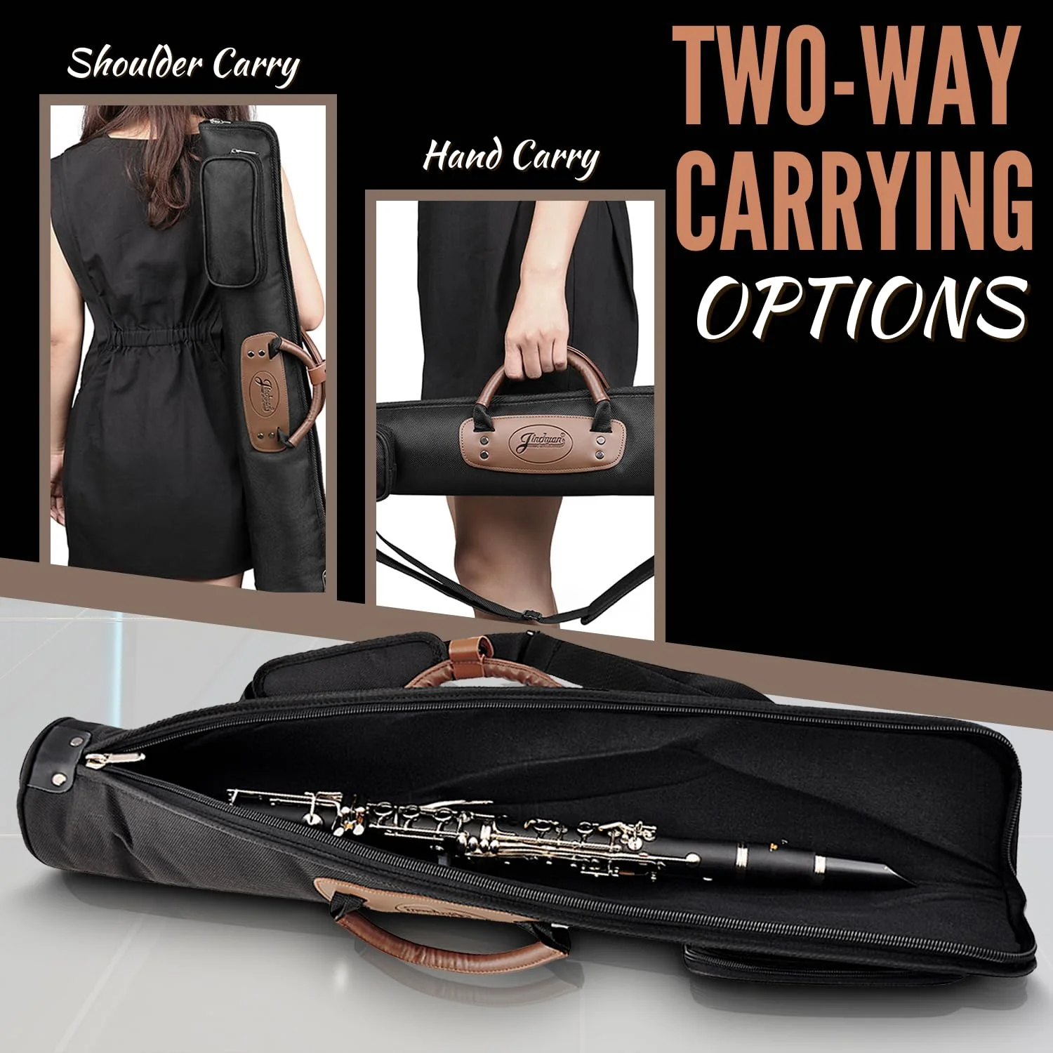 Flexzion Soprano Saxophone Case, Sax Gig Bag Backpack w/Strap, Pouch, Leather Handle, Music Instrument Storage, Lightweight, Water-Resistant & Shockproof for Wind Controller, Crampon Clarinet, Black, - Image 4