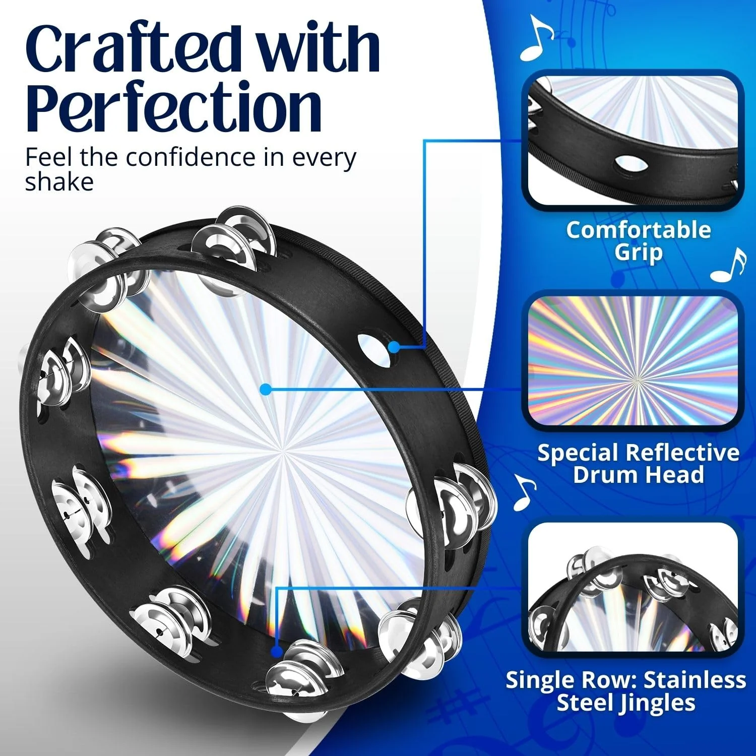 Flexzion Wood Church Tambourine Instrument - 6, 8, and 10 Inch Reflective Hand Drums for Adults, Single Row Metal Tambourine for Church, Parties, & Musical Events, 3-Pack 6, 8, 10 Inch (3-Pack) - Image 5