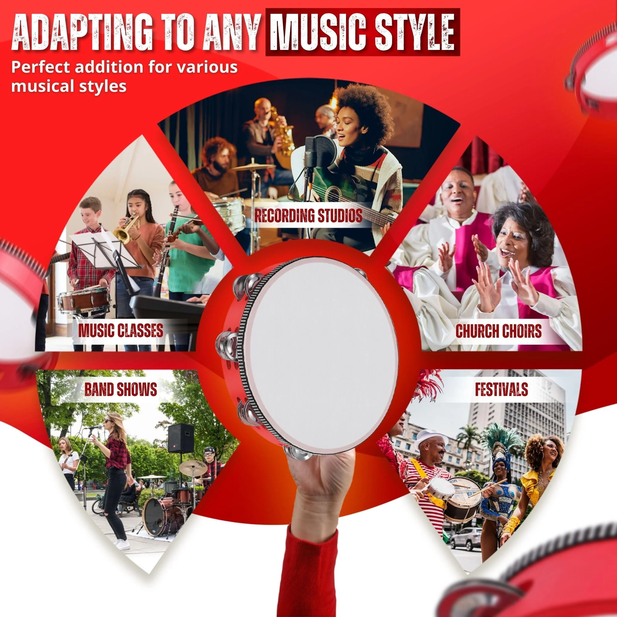Flexzion Wood Handheld Tambourine Adults 6-Inch Double Row 8-Pair Jingles (Red) - Percussion Round Tamborines Musical Instrument with Metal Zills 6 Inch Double Row - Red - Image 9