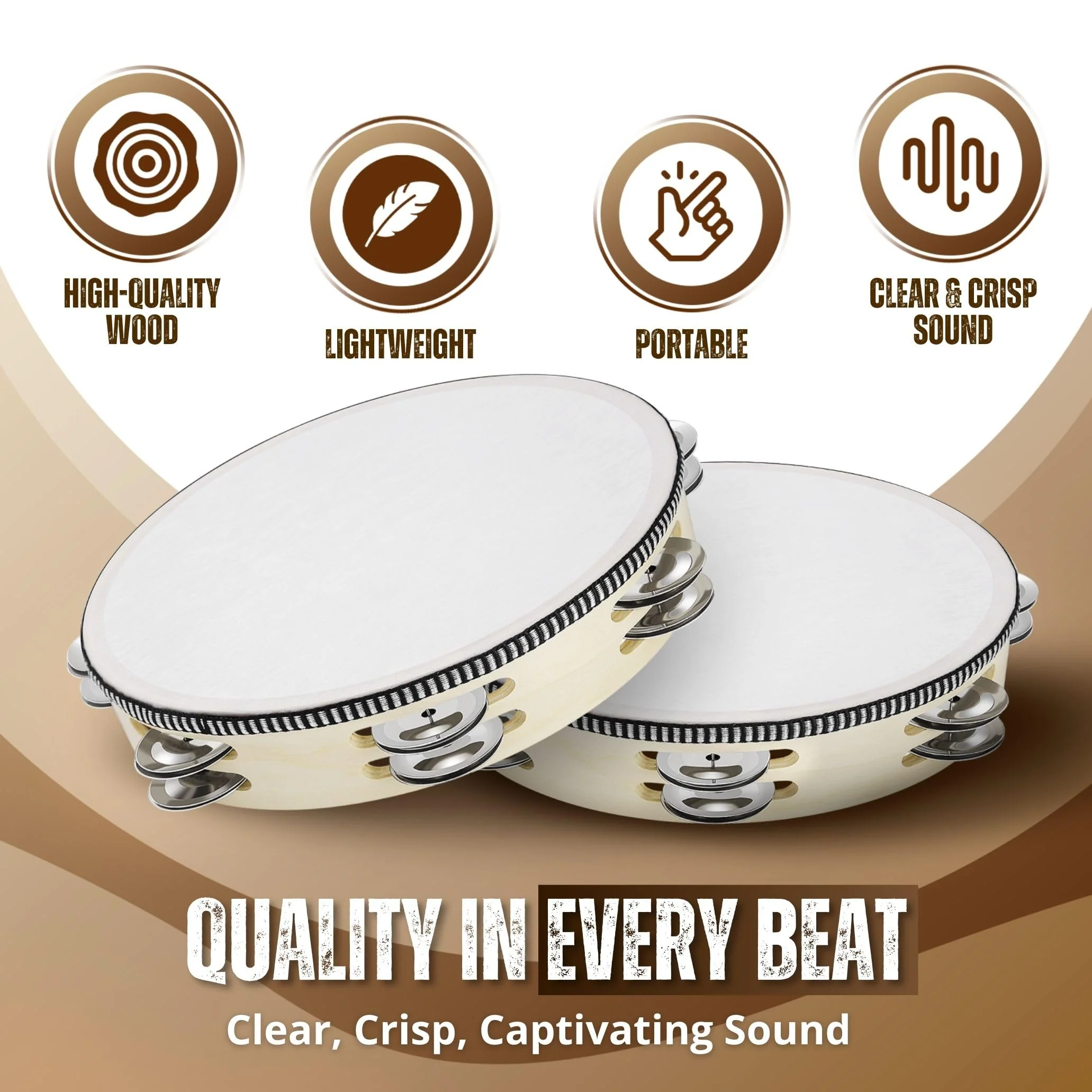 Flexzion Wood Handheld Tambourine for Adults 8-Inch Double Row 8-Pair Jingles (Wood) - Percussion Round Tamborines Musical Instrument with Metal Zills 8 Inch Double Row - Wood - Image 3