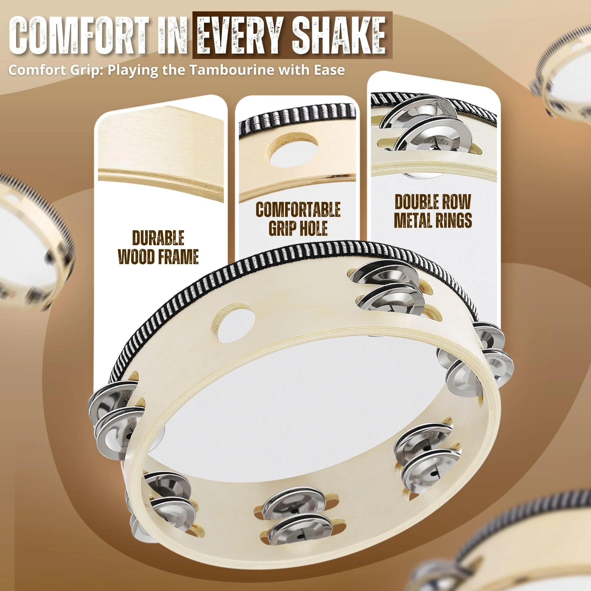 Flexzion Wood Handheld Tambourine for Adults 8-Inch Double Row 8-Pair Jingles (Wood) - Percussion Round Tamborines Musical Instrument with Metal Zills 8 Inch Double Row - Wood - Image 5