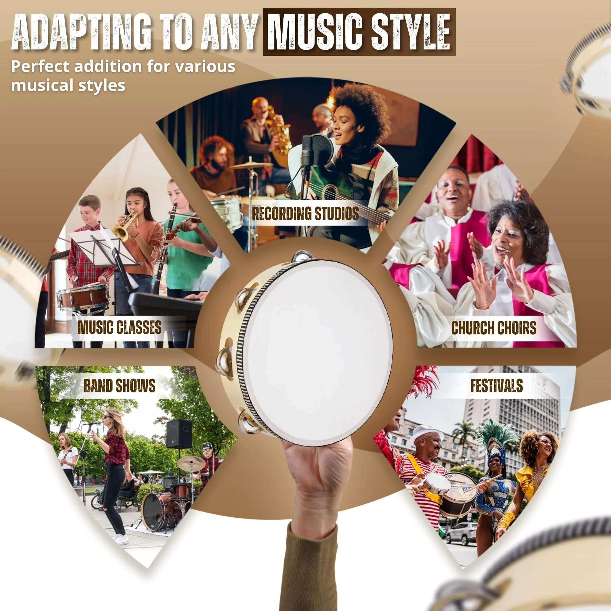 Flexzion Wood Handheld Tambourine for Adults 8-Inch Double Row 8-Pair Jingles (Wood) - Percussion Round Tamborines Musical Instrument with Metal Zills 8 Inch Double Row - Wood - Image 7