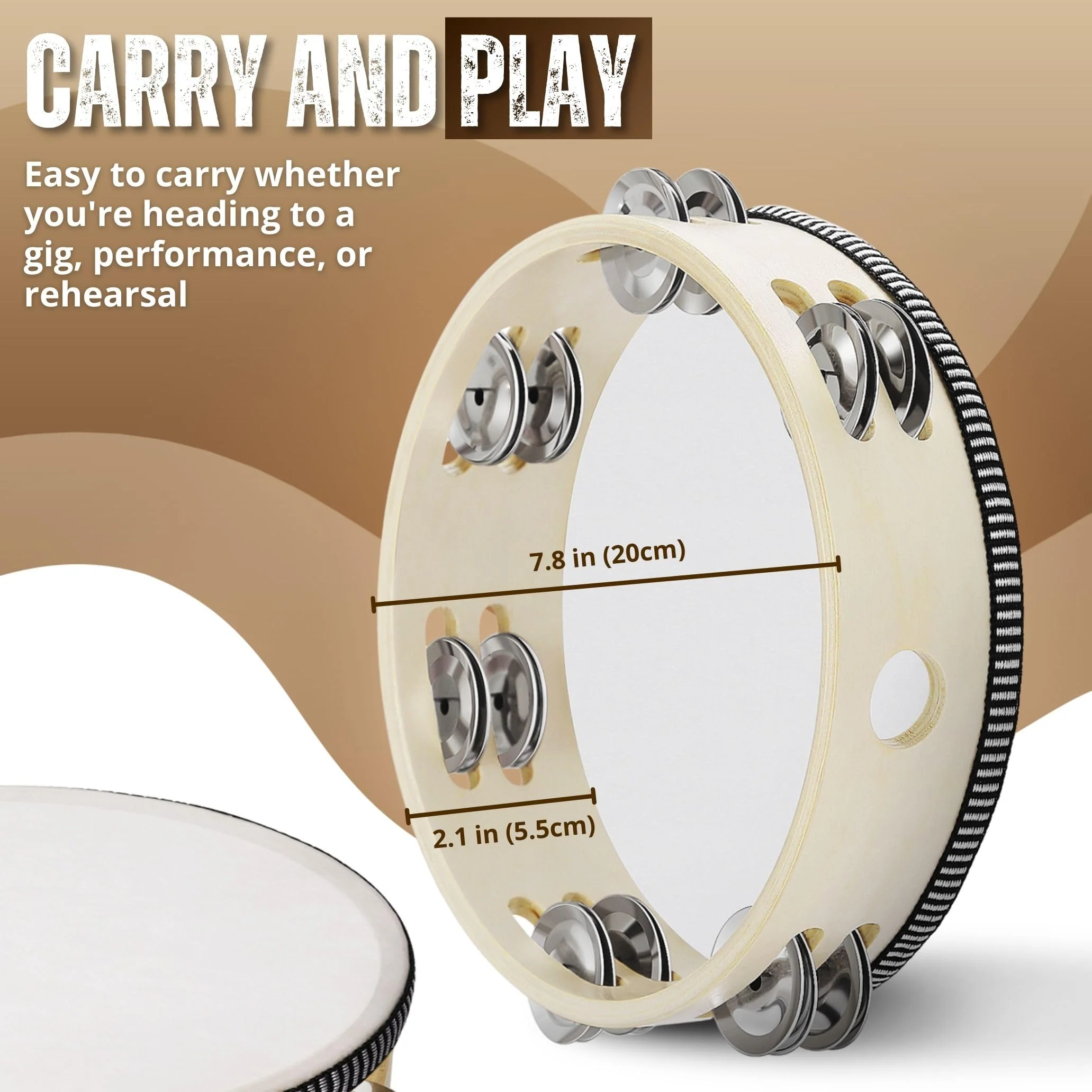 Flexzion Wood Handheld Tambourine for Adults 8-Inch Double Row 8-Pair Jingles (Wood) - Percussion Round Tamborines Musical Instrument with Metal Zills 8 Inch Double Row - Wood - Image 9
