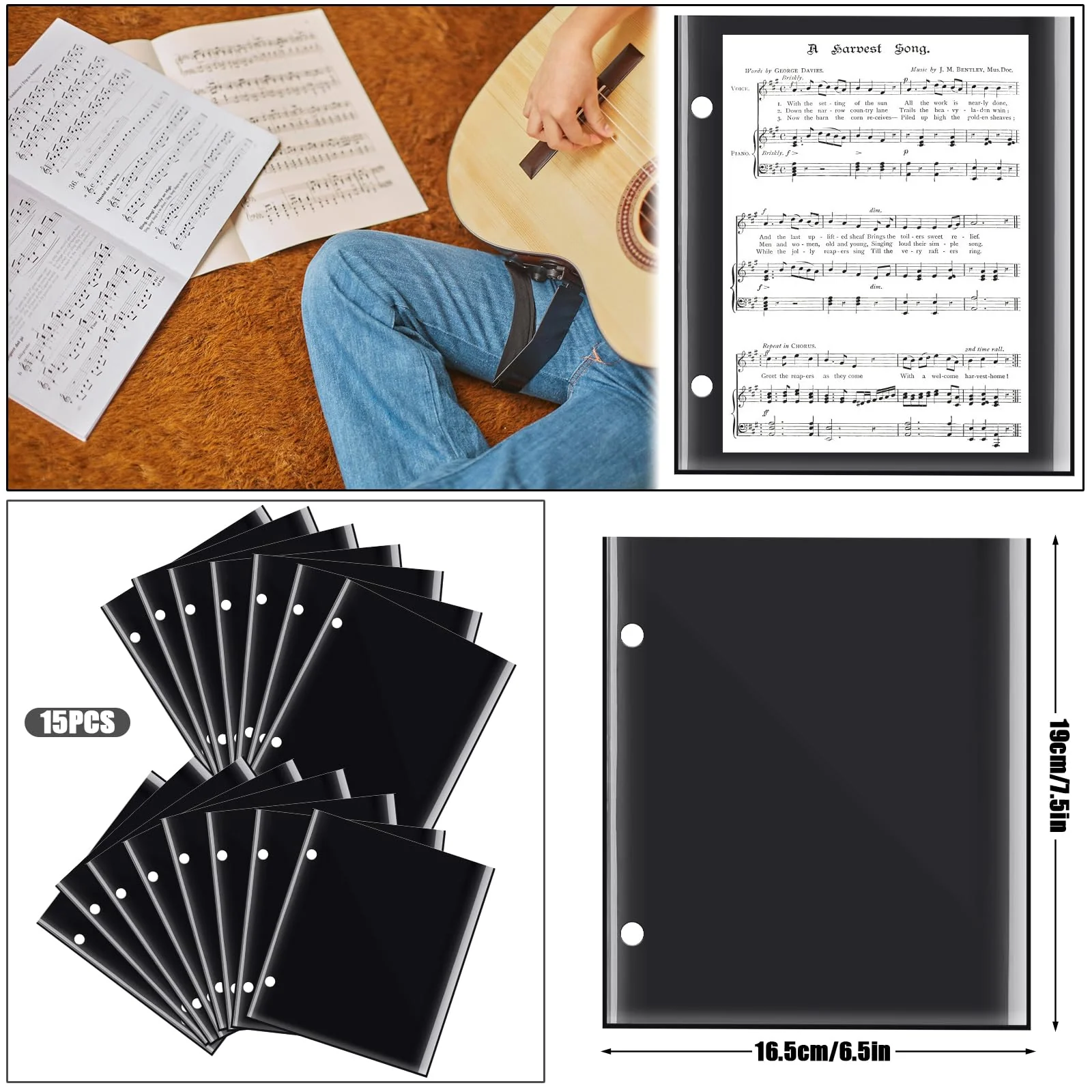 Flip Folder Pages,15 pcs 7.5 x 6.3'' Double Side Marching Band Musical Flip Folio Page W/ 2 Holes PVC Waterproof Resist Tearing Window Pages for Holding Sheet Music - Image 2
