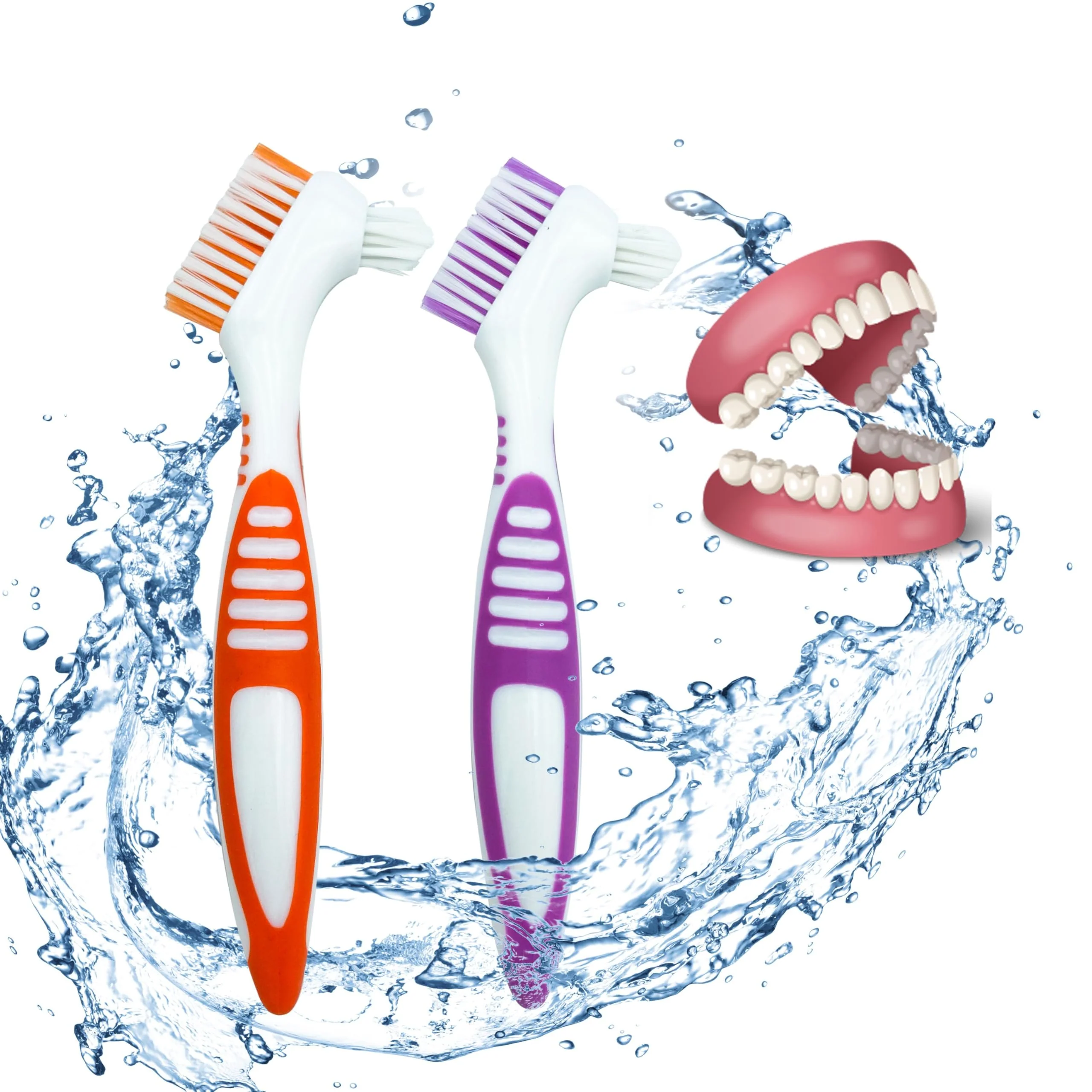 FloraVigo 2 Pack Denture Toothbrush, Mini Toothbrush, Double Angle Brush Head, Portable Ergonomic Denture Cleaning Brush, Dental Device (Green + Orange) Green + Orange