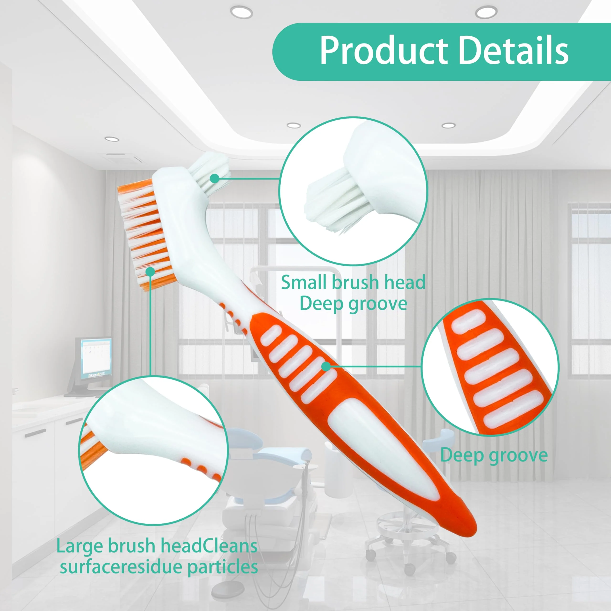 FloraVigo 2 Pack Denture Toothbrush, Mini Toothbrush, Double Angle Brush Head, Portable Ergonomic Denture Cleaning Brush, Dental Device (Green + Orange) Green + Orange - Image 4