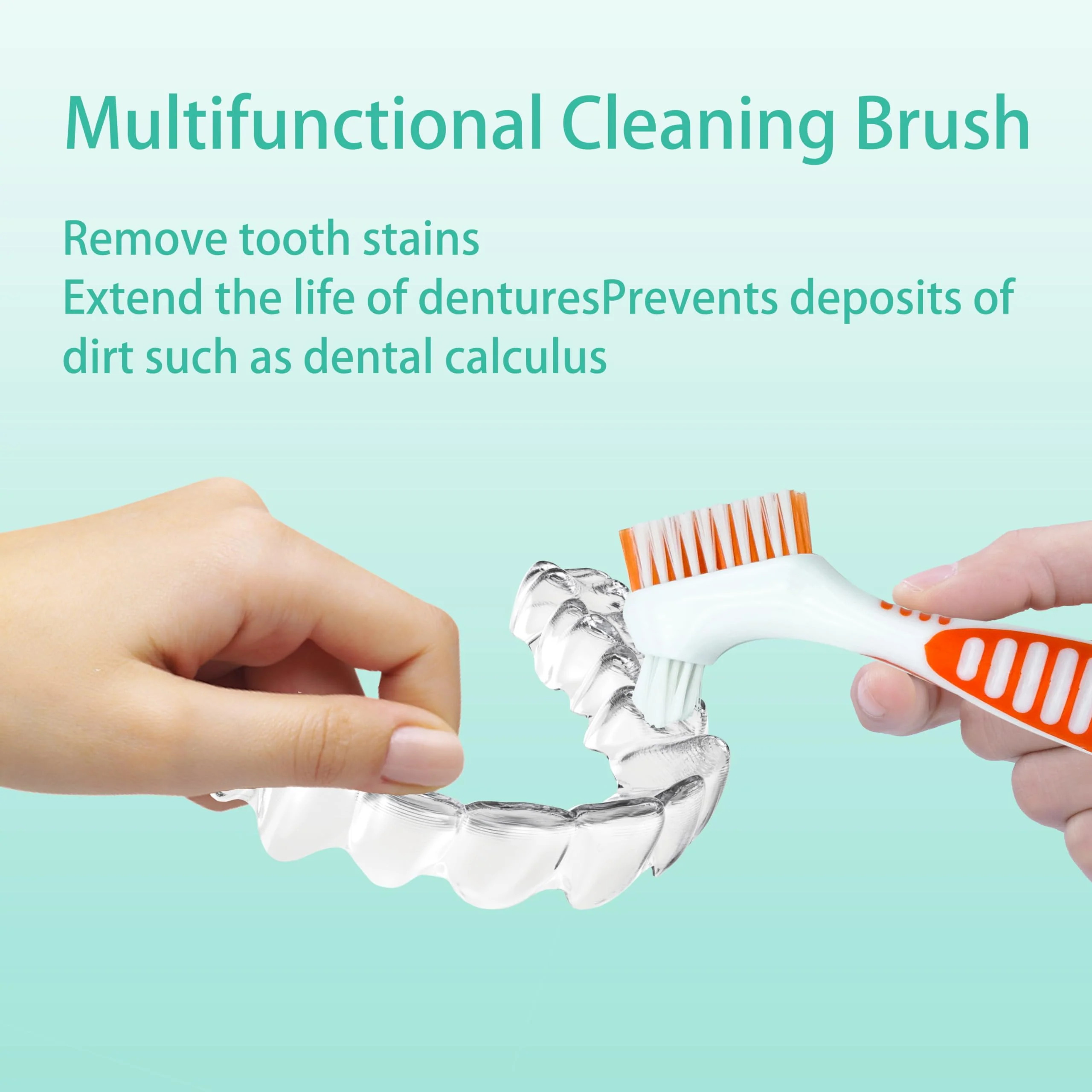 FloraVigo 2 Pack Denture Toothbrush, Mini Toothbrush, Double Angle Brush Head, Portable Ergonomic Denture Cleaning Brush, Dental Device (Green + Orange) Green + Orange - Image 6