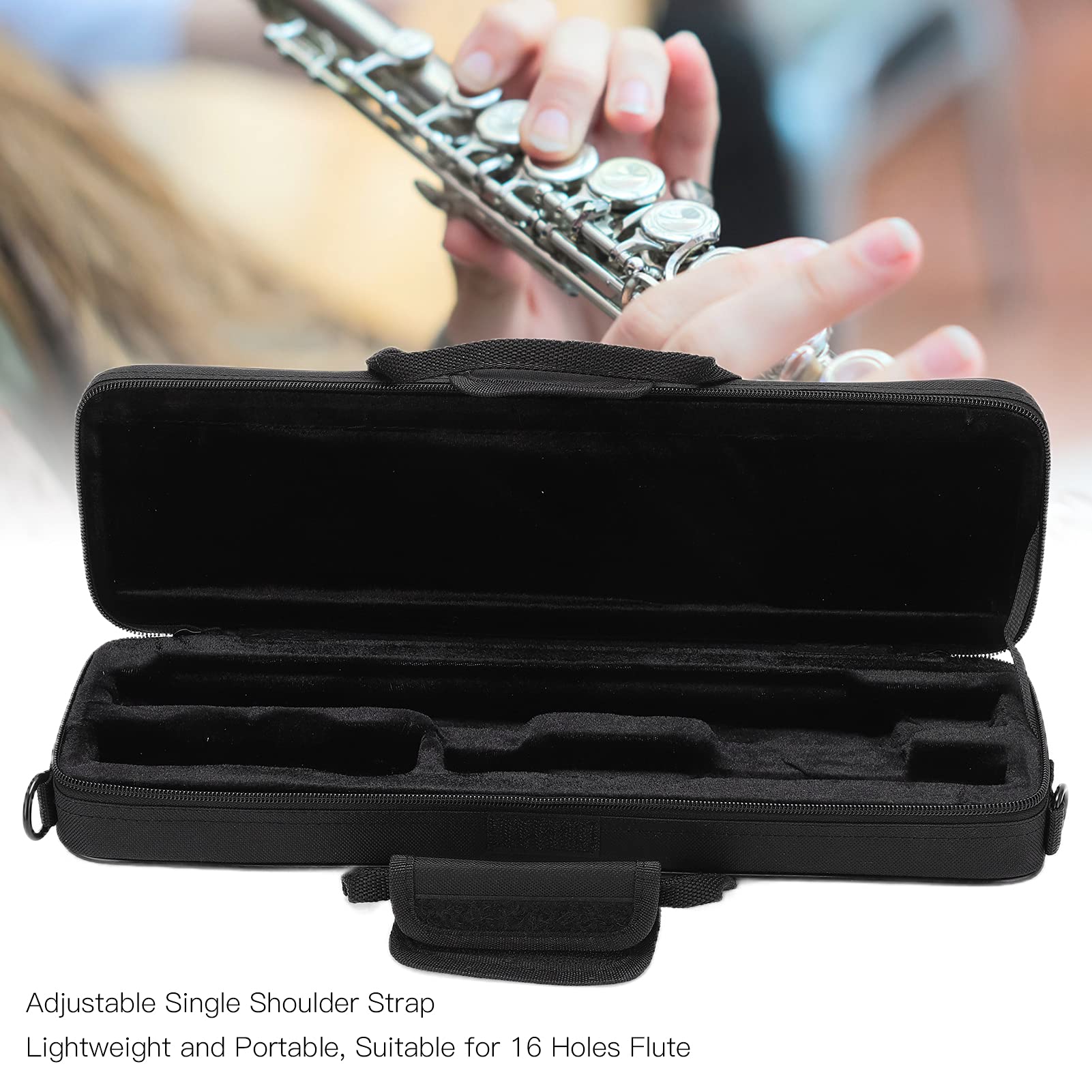 Flute Case, Black Oxford Cloth 16 Holes Flute Cover, Double Zipper Design Universal Cloth Box Waterproof Flute Storage Bag, 39.5 X 12 X 7cm - Image 3
