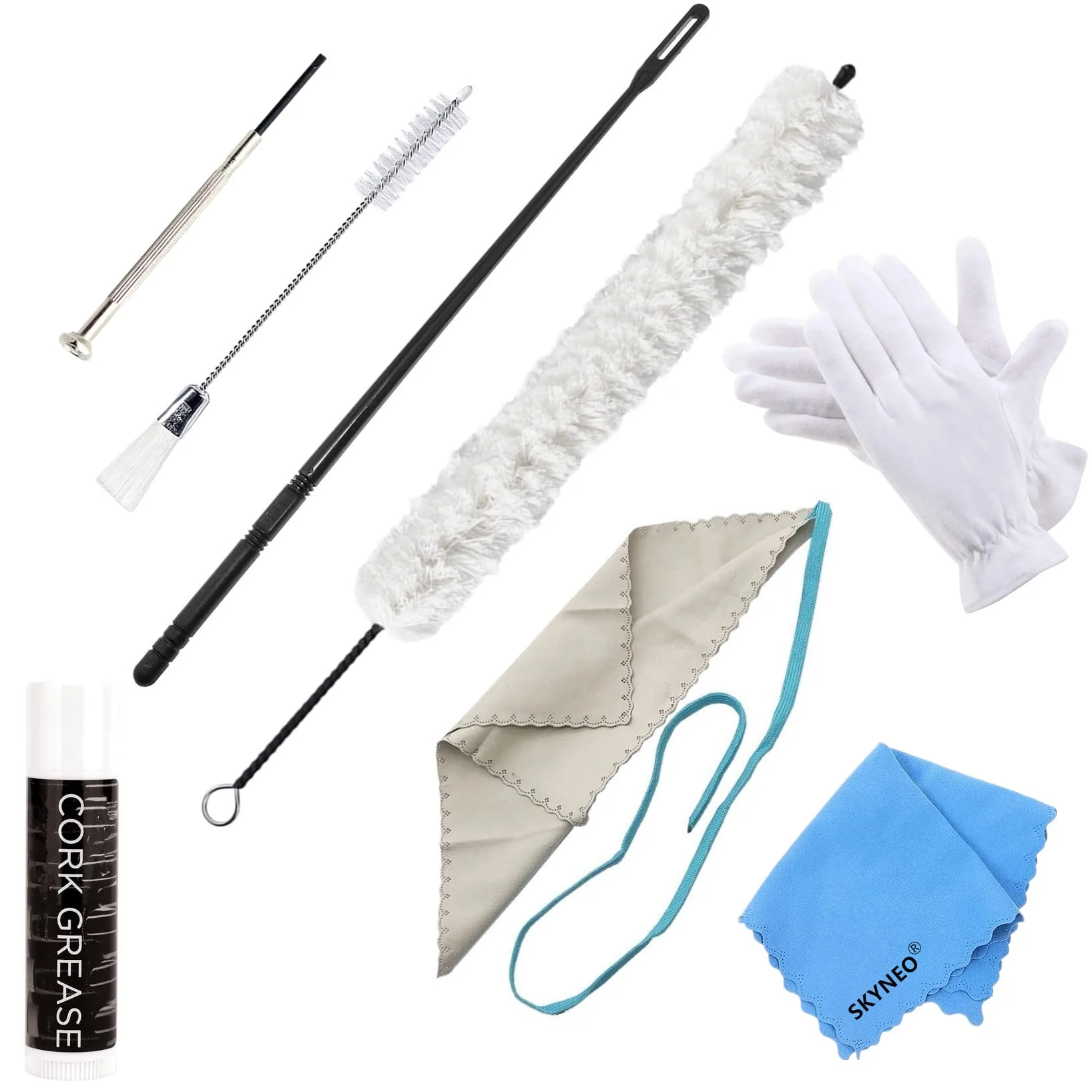 Flute Cleaning Kit Include 1pc Cotton Cleaning Brush, Flute Swab, Double-End Dust Brush,Flute Cleaning Rod, Screwdriver for Flute Repairing,Cork Grease, a Pair Cotton Gloves, 1pc Flute Cleaning Cloth white