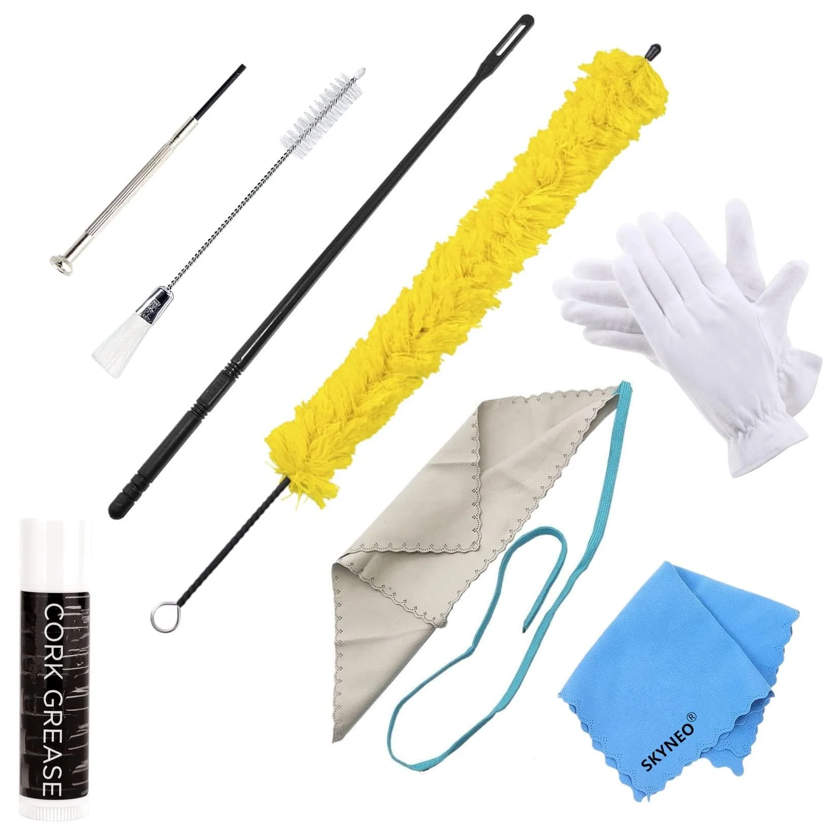 Flute Cleaning Kit Include 1pc Cotton Cleaning Brush, Flute Swab, Double-End Dust Brush,Flute Cleaning Rod, Screwdriver for Flute Repairing,Cork Grease, a Pair Cotton Gloves, 2pcs Flute Cleaning Cloth yellow