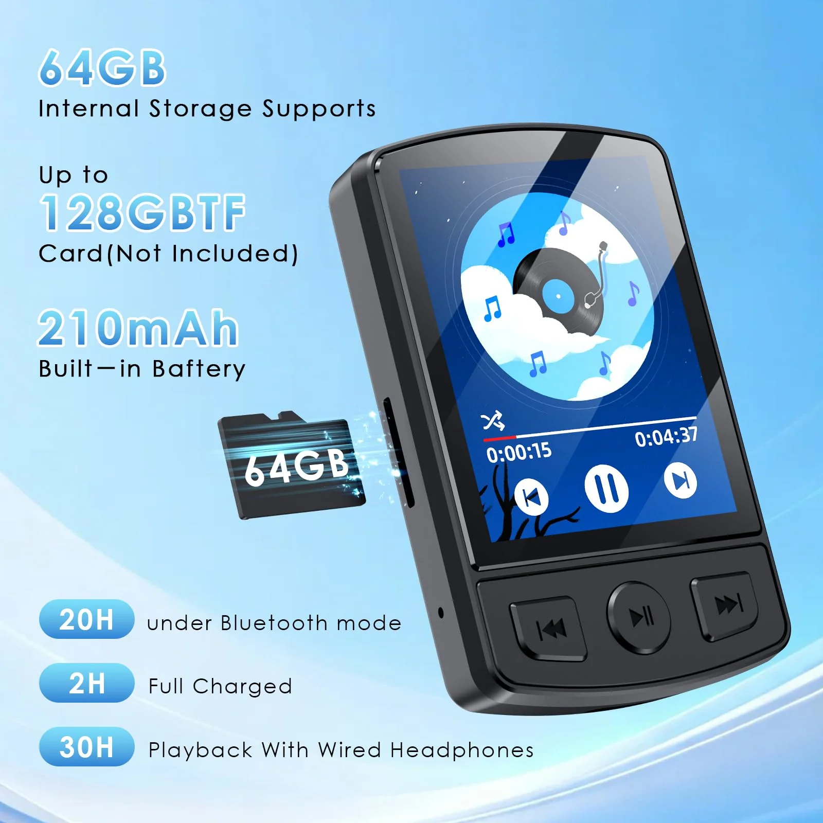 Fohil MP3 Player with Bluetooth 5.2, 64GB Portable MP3 Player with Clip, Mini MP3 Music Player with Earphones FM Radio E-Book Reading HiFi-Speaker, Best Gift for Music Lovers - Image 5